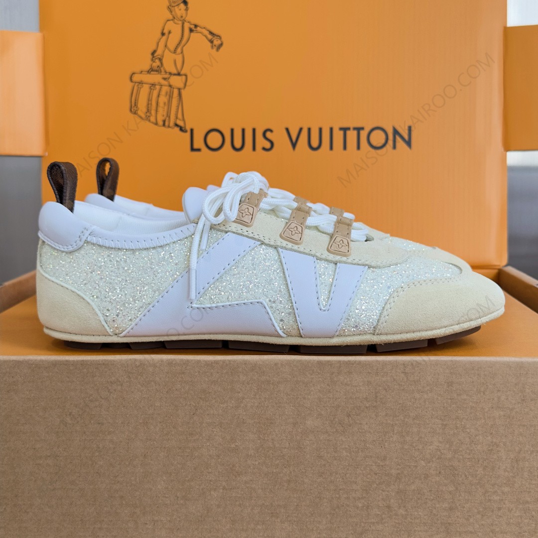 Louis Vuitton LV Monogram Glitter Cream Yellow Suede Leather Side Run Away Low Top Ballet Sneakers - KAIROO