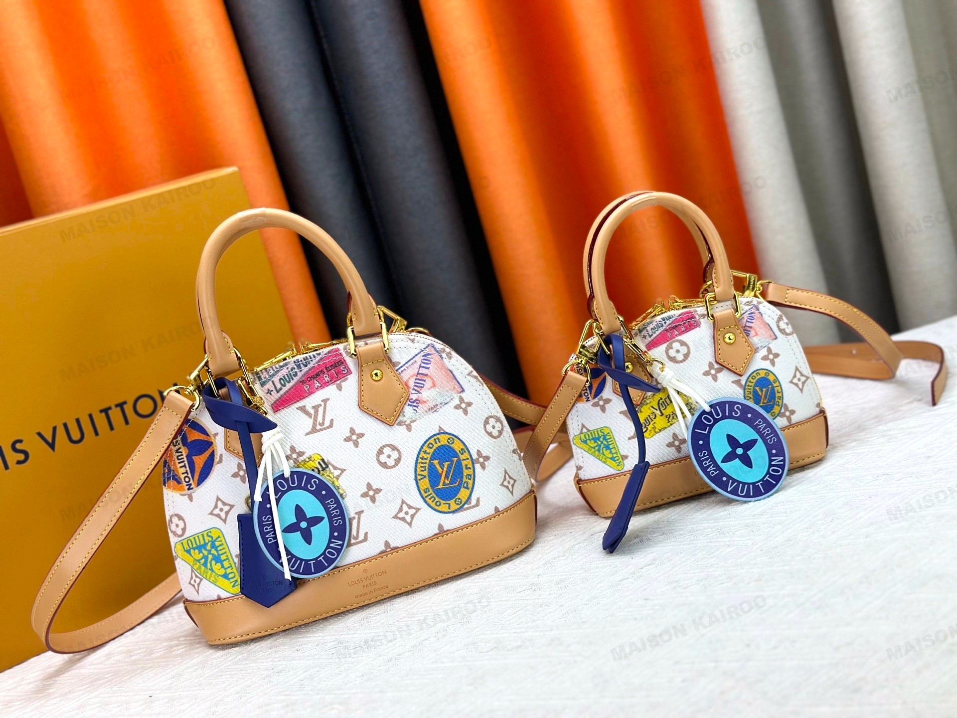 Louis Vuitton LV Alma Nano & BB White Monogram Canvas Travel Sticker Print Dome Top Handle Crossbody Bag - KAIROO