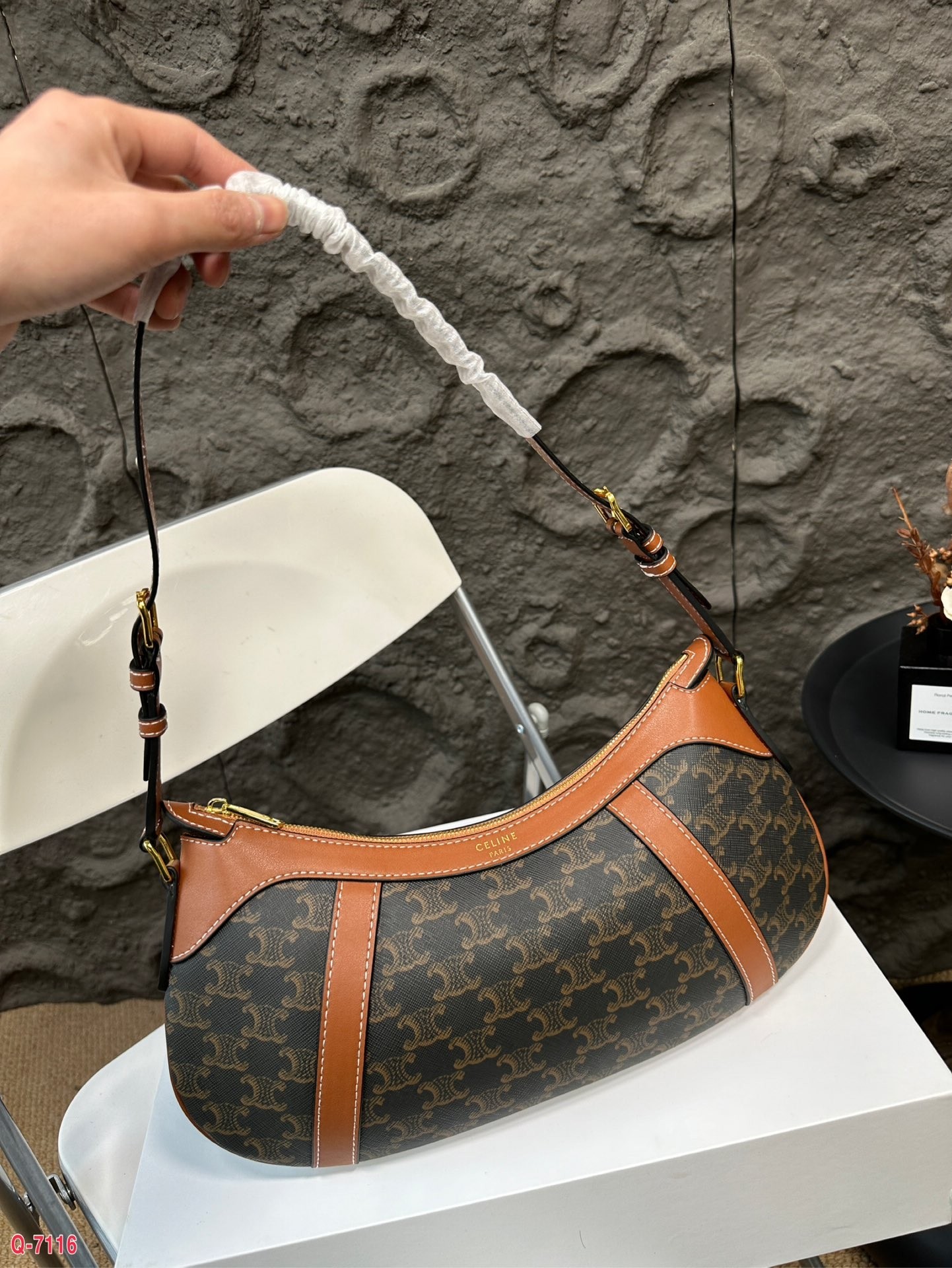 Celine Triomphe Canvas Leather Trim Gold Foil Logo Zip Closure Long Crescent Hobo Shoulder Bag - KAIROO