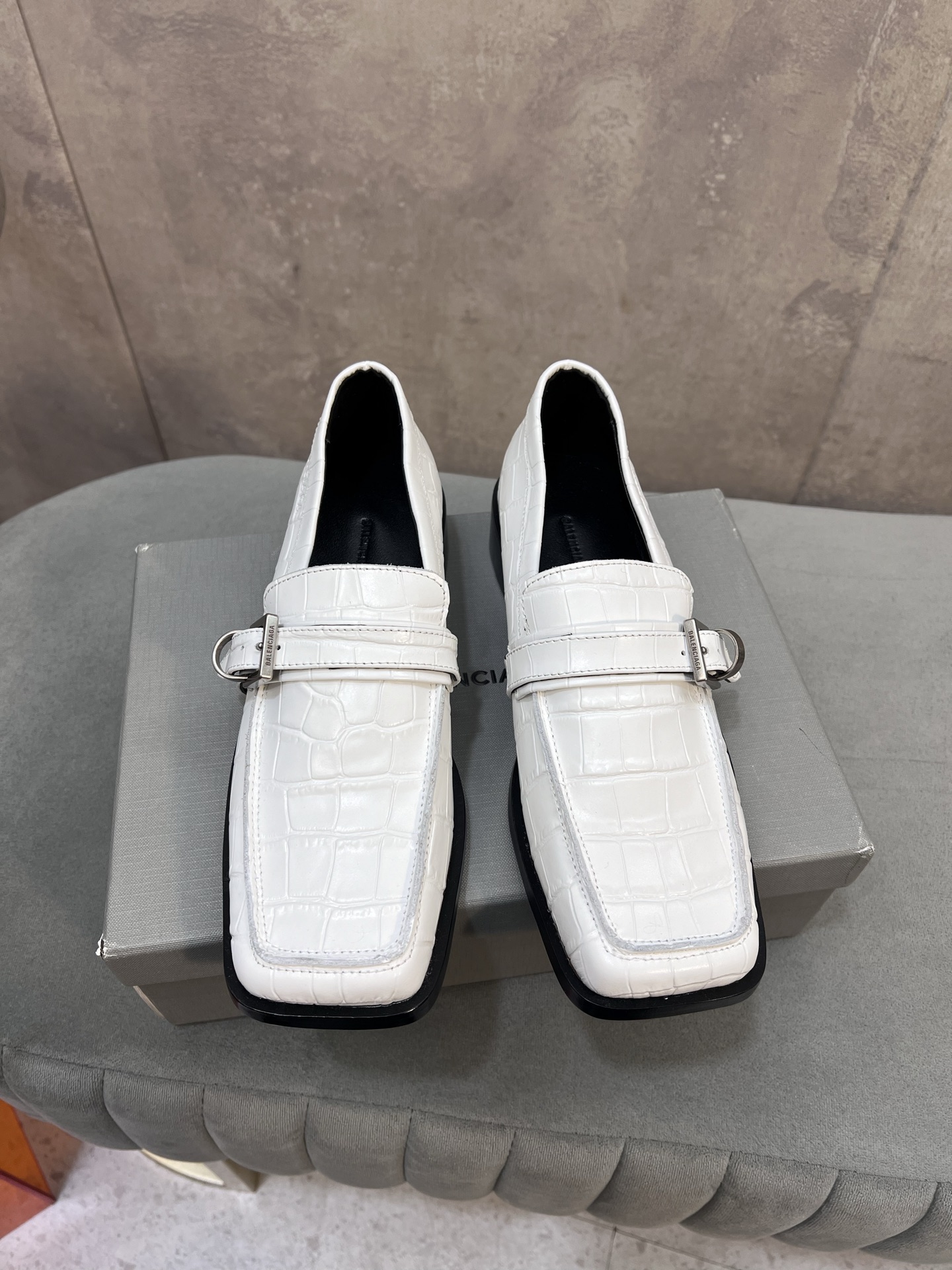 Balenciaga White Croc-Effect Embossed Leather Metal Buckle Square Toe Loafers - KAIROO