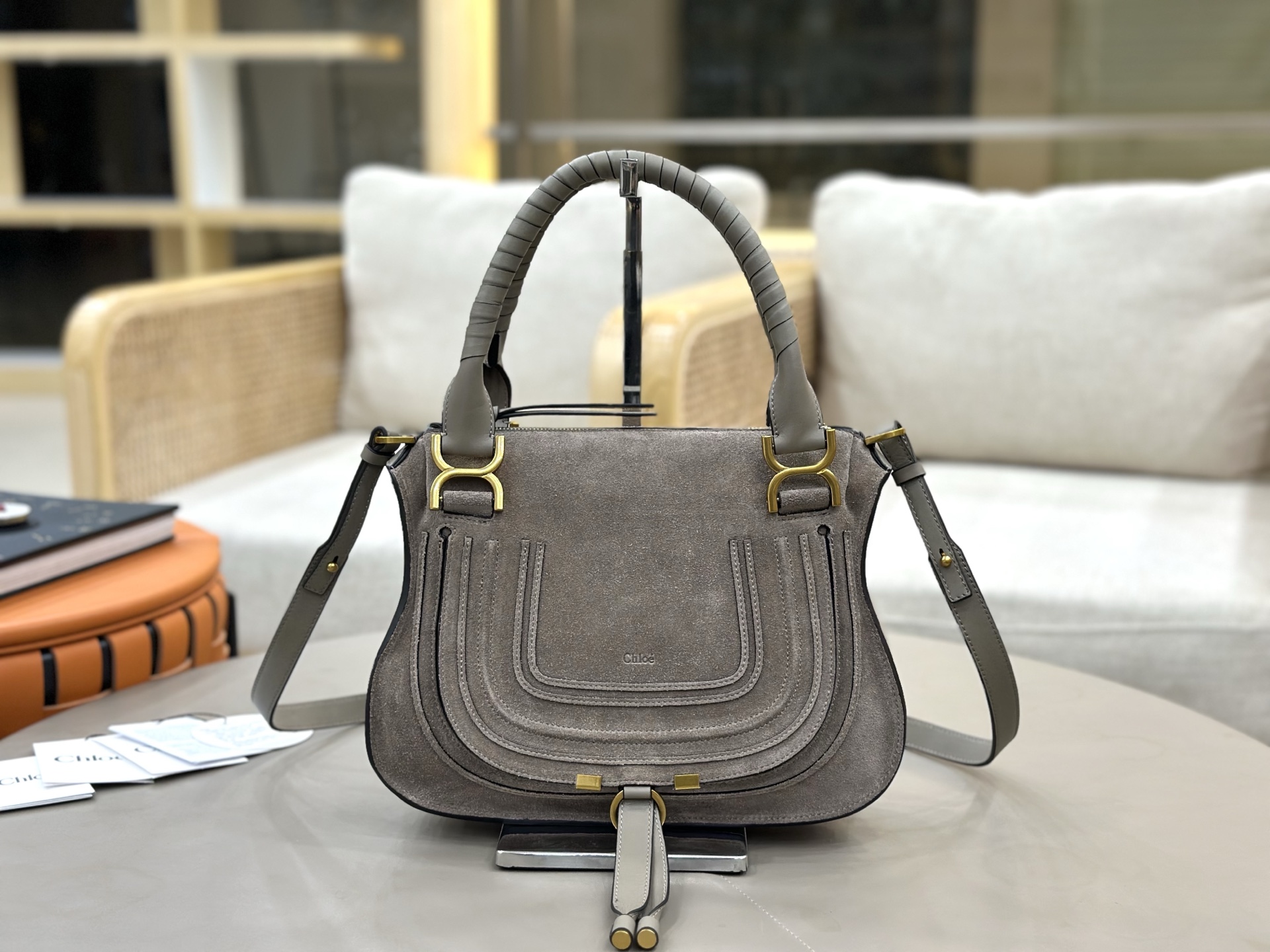 Chloe Small Marcie Bag in Suede Leather-Grey