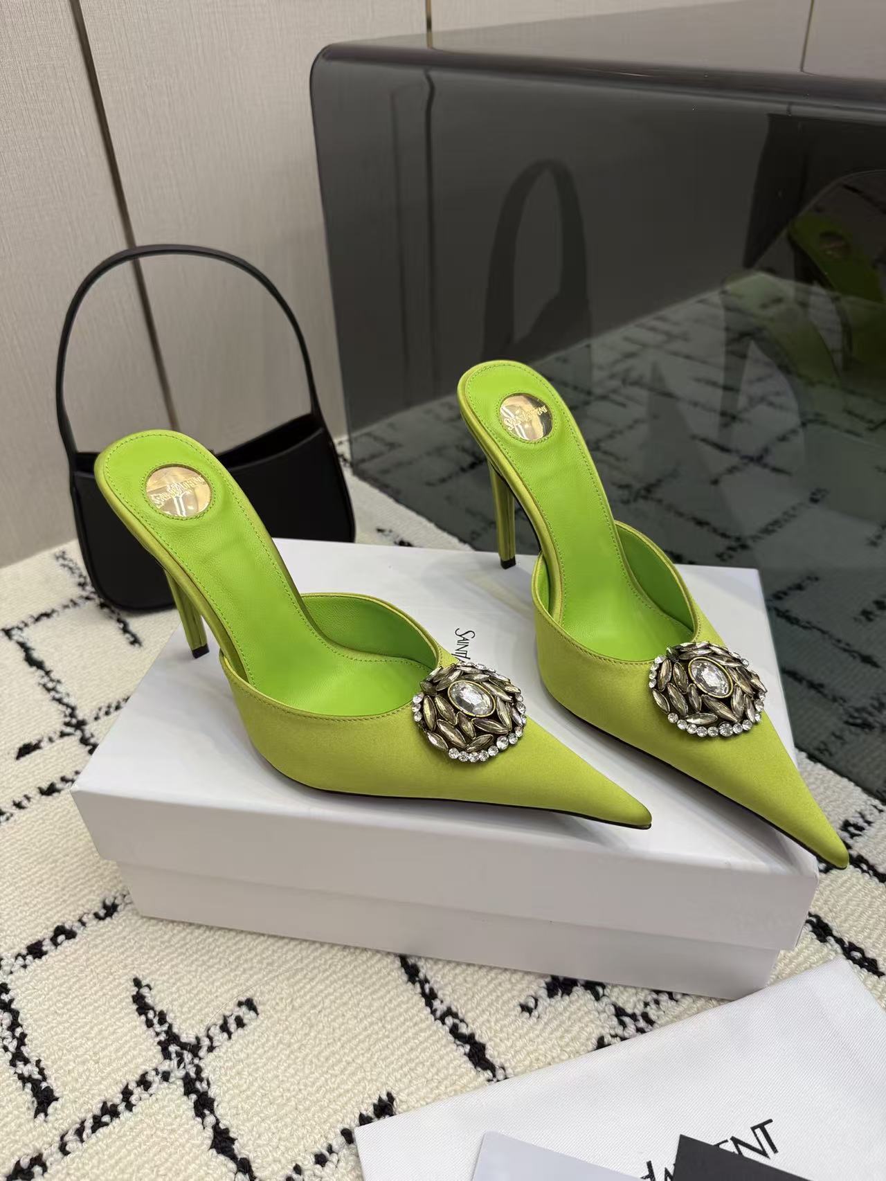 Saint Laurent YSL Lime Green Pointed Toe Satin Crystal Brooch Stiletto Heel Mules Sandals - KAIROO