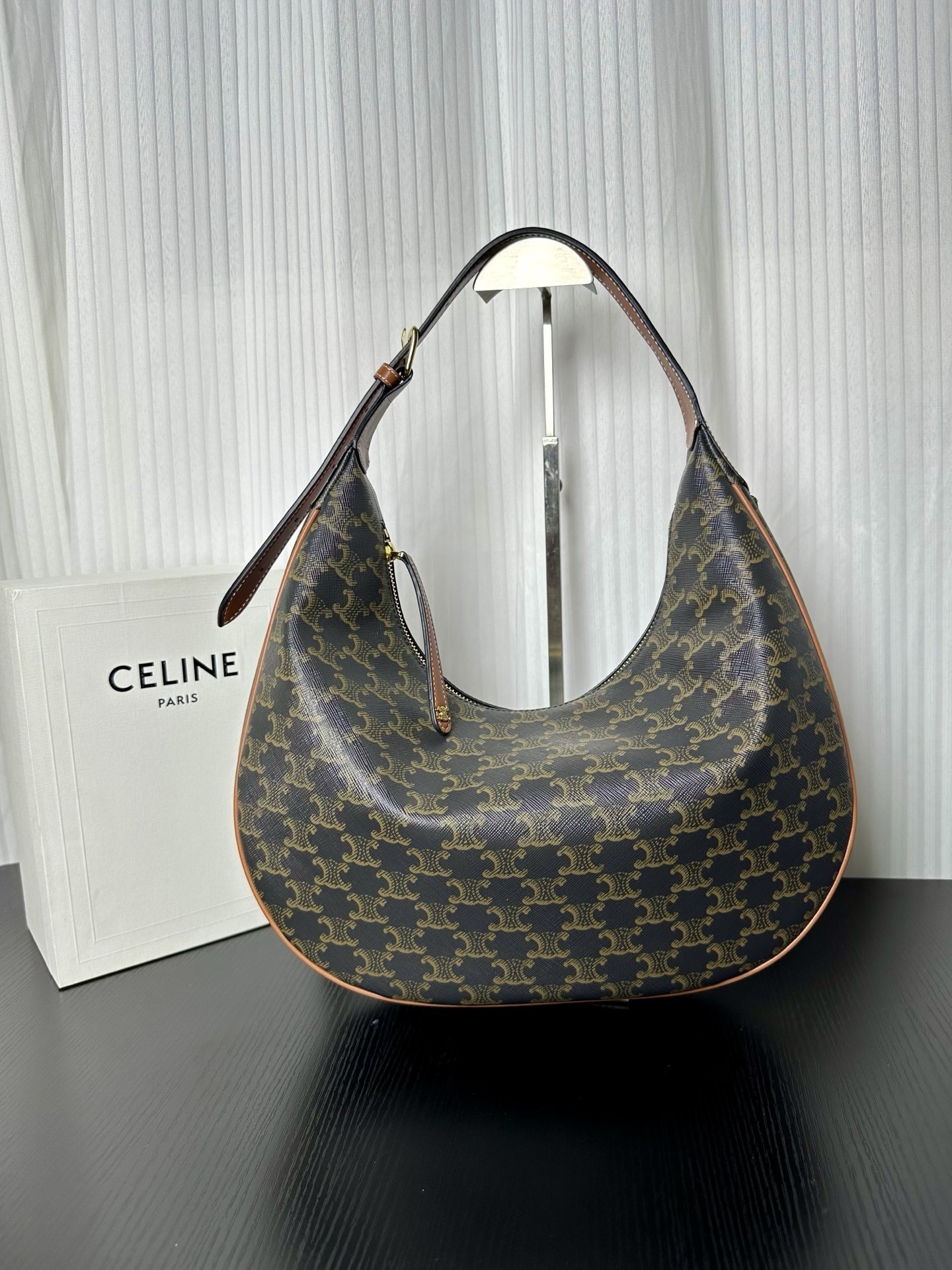 Celine Large Tan Lulu Triomphe Canvas Adjustable Handle Moon Shaped Shoulder Bag - KAIROO