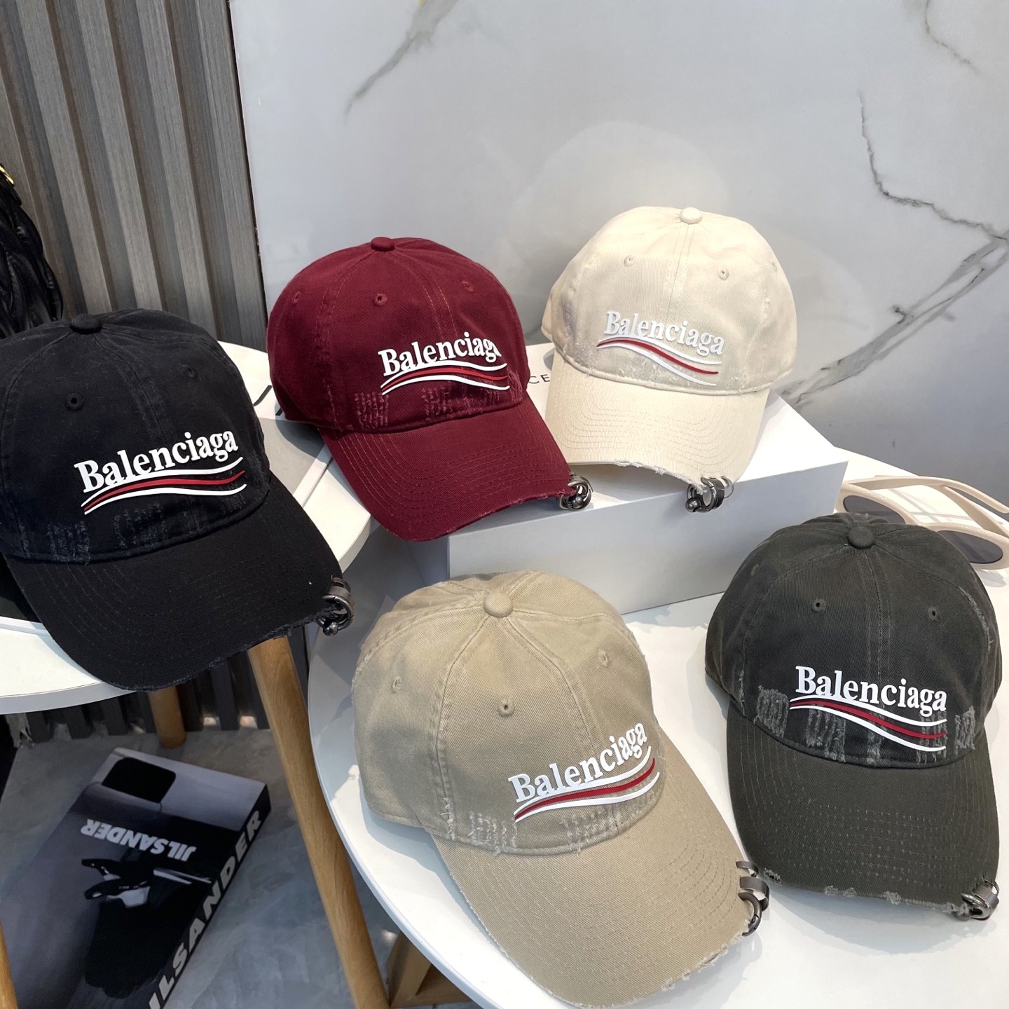 Balenciaga Political Campaign Logo Pierced Distressed Cotton Drill Triple Ring Cap Dad Hat - KAIROO