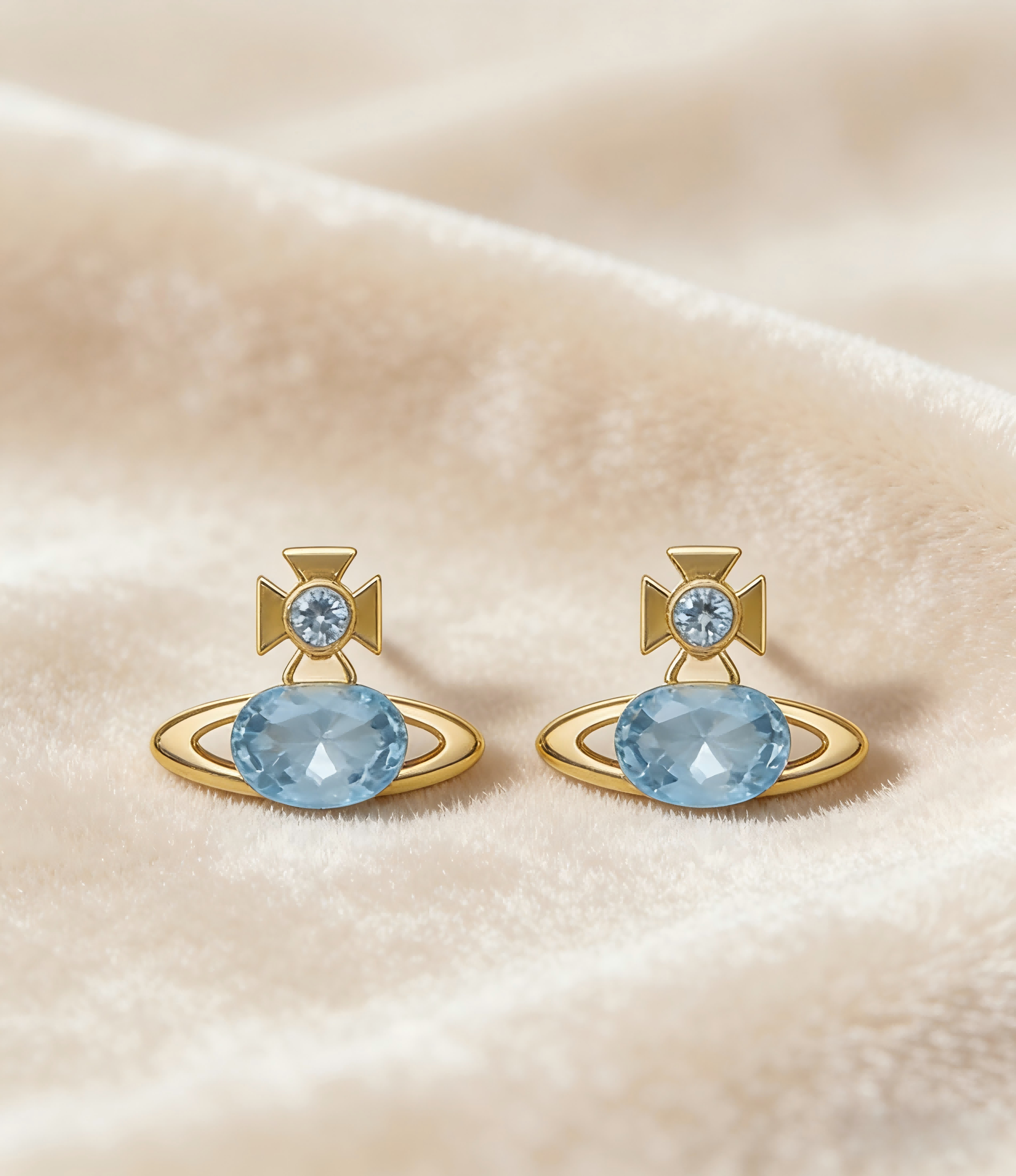 2026 New Vivienne Westwood Style Gold Blue Crystal Saturn Earrings - Dainty Aquamarine Celestial Jewelry for Women