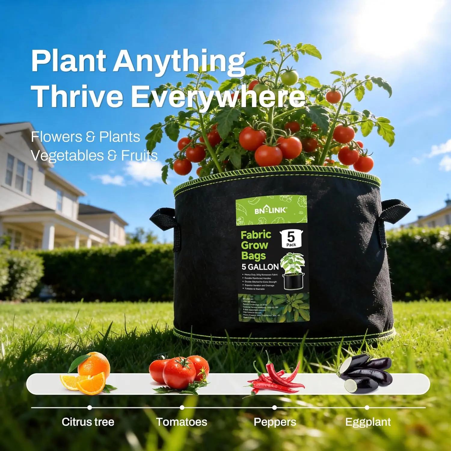 5-Pack 5 Gallon Fabric Grow Bags - 300g Heavy Duty Nonwoven Plant Pots with Green Double-Stitched Handles,