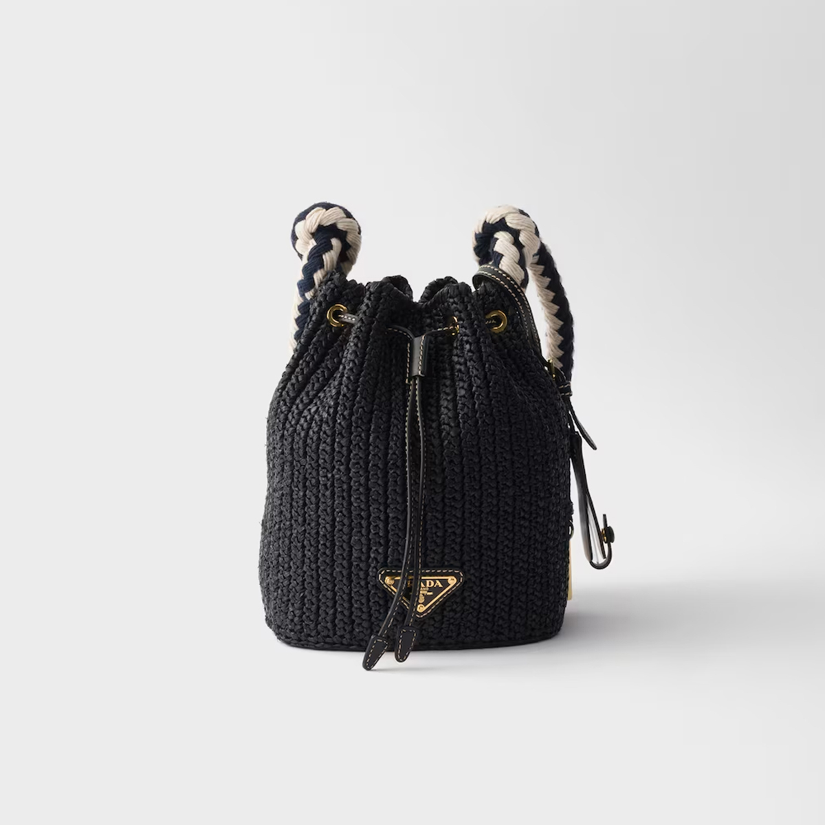 Prada Crochet Raffia black mini Bucket Bag with Rope Handles