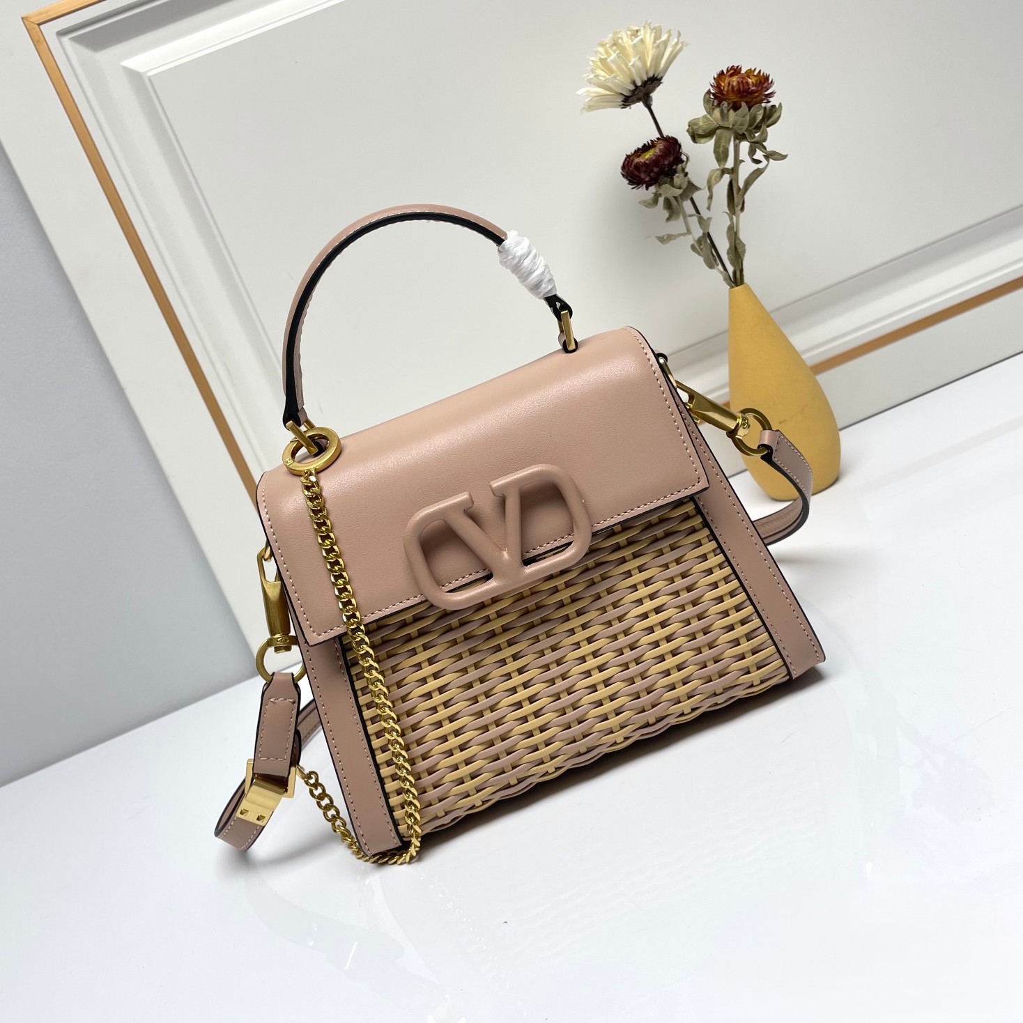Valentino Tonal VLogo Signature Pink Woven Leather Gold Chain Handle Shoulder Crossbody Bag - KAIROO