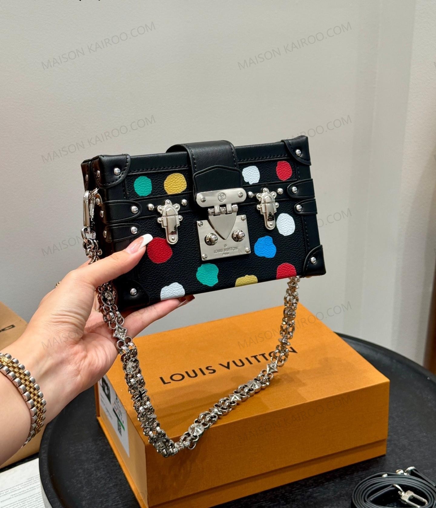 Louis Vuitton LV x YK Petite Malle Trunk Multicolor Polka Dot Leather Silver Logo Chain Crossbody Bag - KAIROO