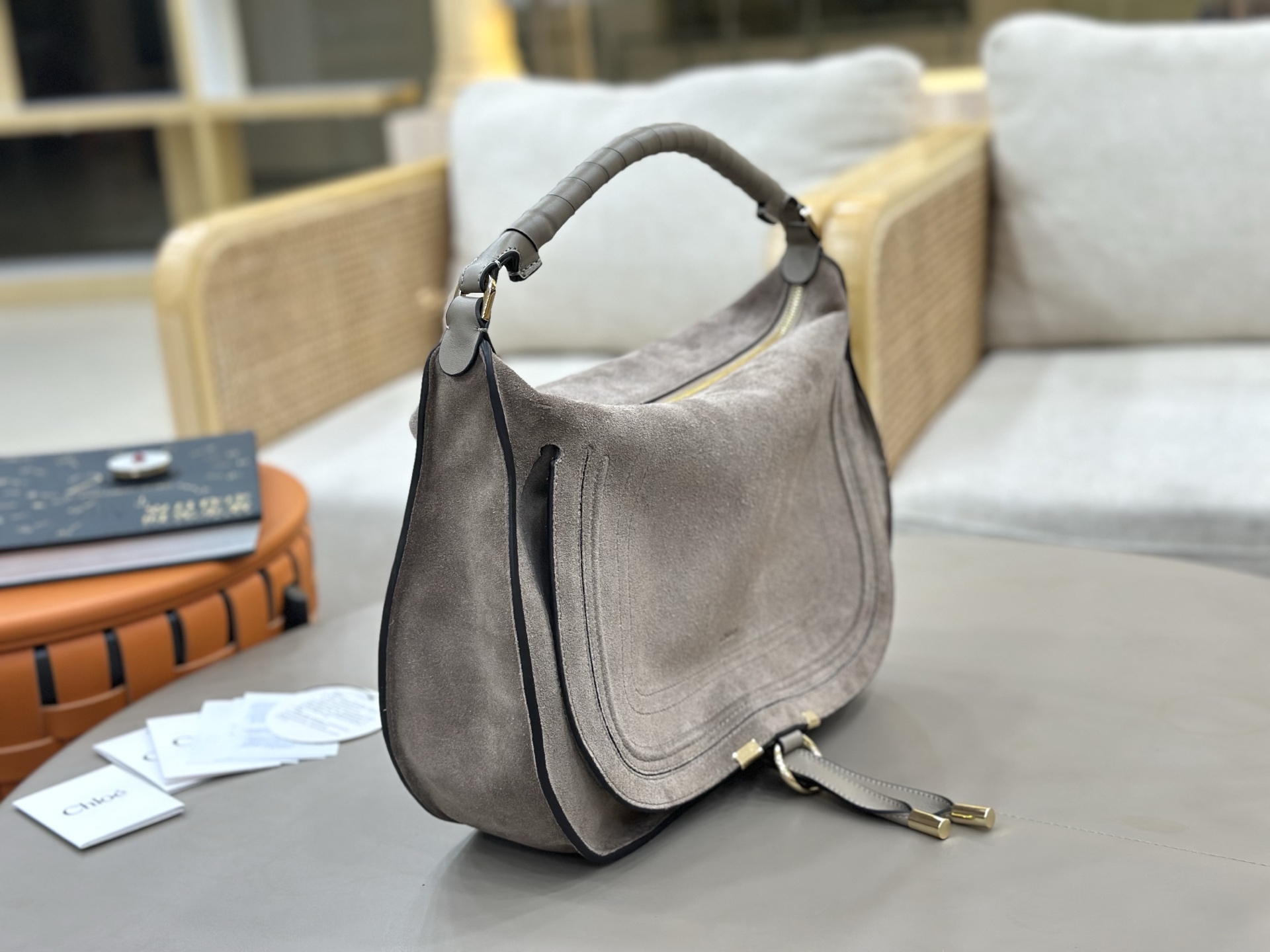 Chloe Large Marcie Shoulder Bag in Suede Calfskin-Grey
