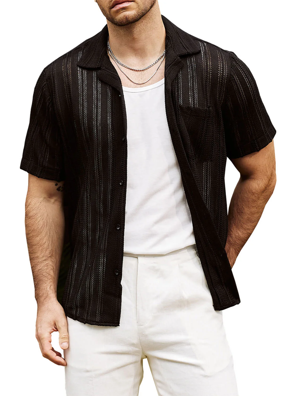 Men's Casual Lace Button-Up Summer Beach Short Sleeve Shirt
