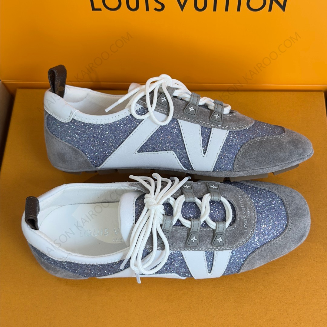 Louis Vuitton LV Monogram Glitter Grey Blue Suede Leather Side Run Away Low Top Ballet Sneakers - KAIROO
