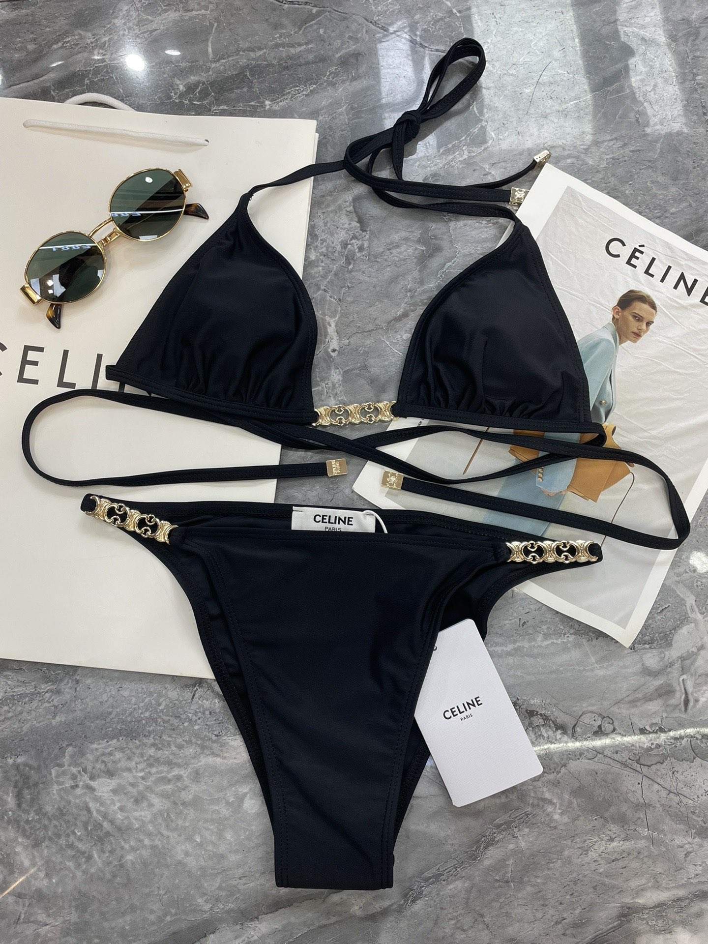 Celine Black Halter Neck Triomphe Chain Hardware Jersey Bikini Set Swimwear - KAIROO