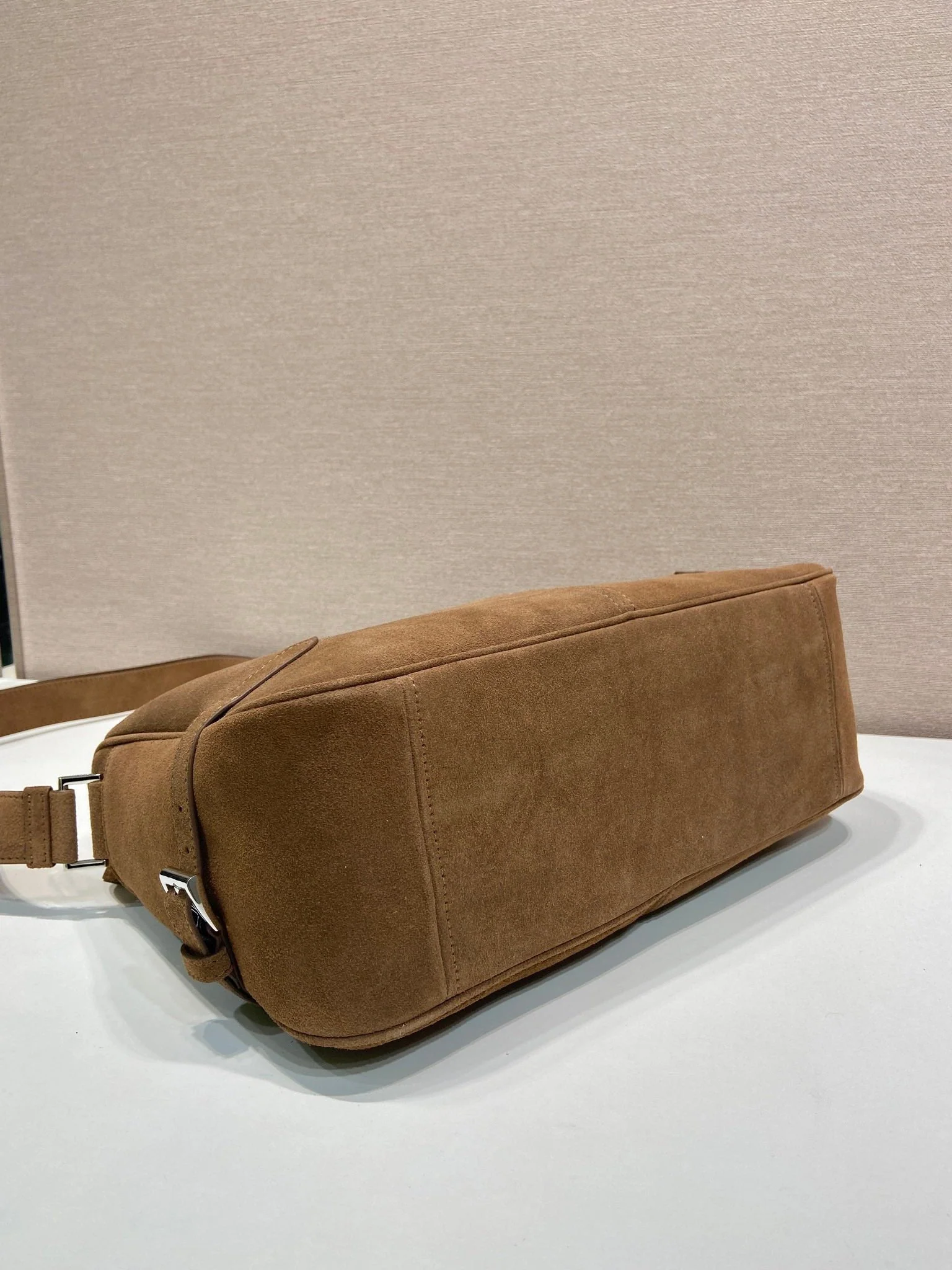 Prada HOBO BAG 35 IN GINGERBREAD SUEDE SILVER LOGO