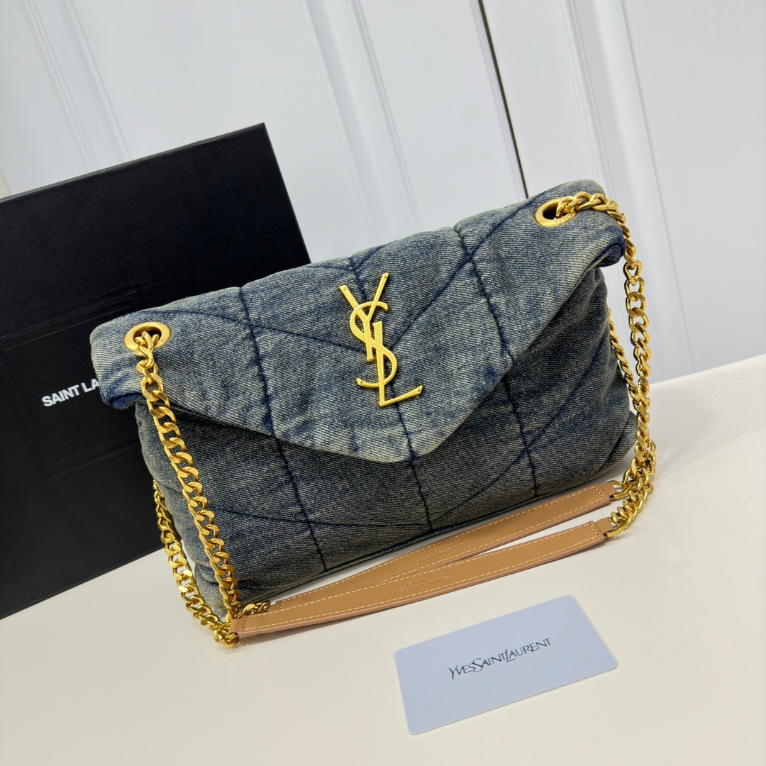 SAINT LAURENT YSL Loulou Puffer Denim Leather Bag