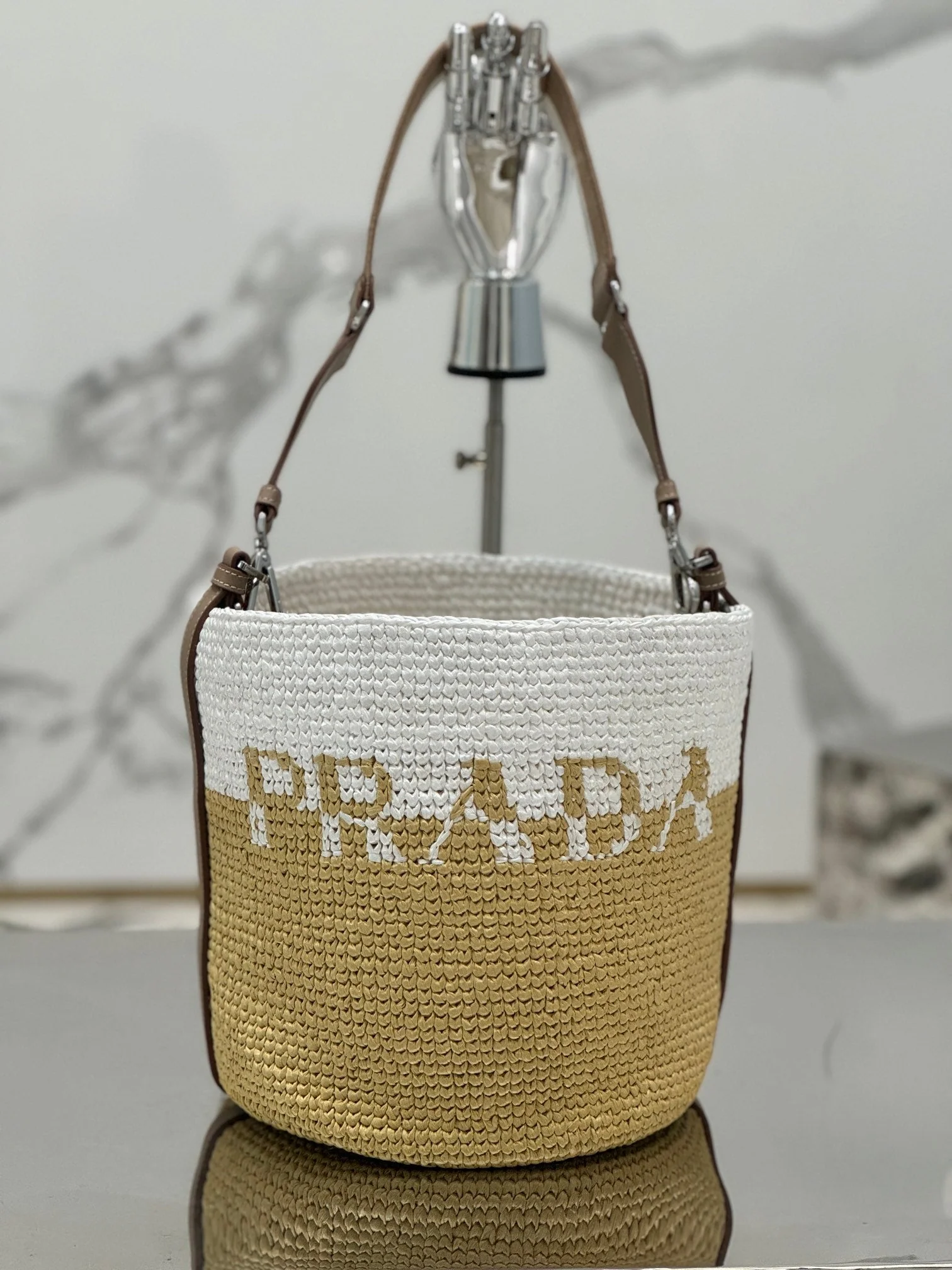 Prada BUCKET BAG 25 IN WHITE MIX BEIGE RAFFIA AND BROWN CALFSKIN HANDLE