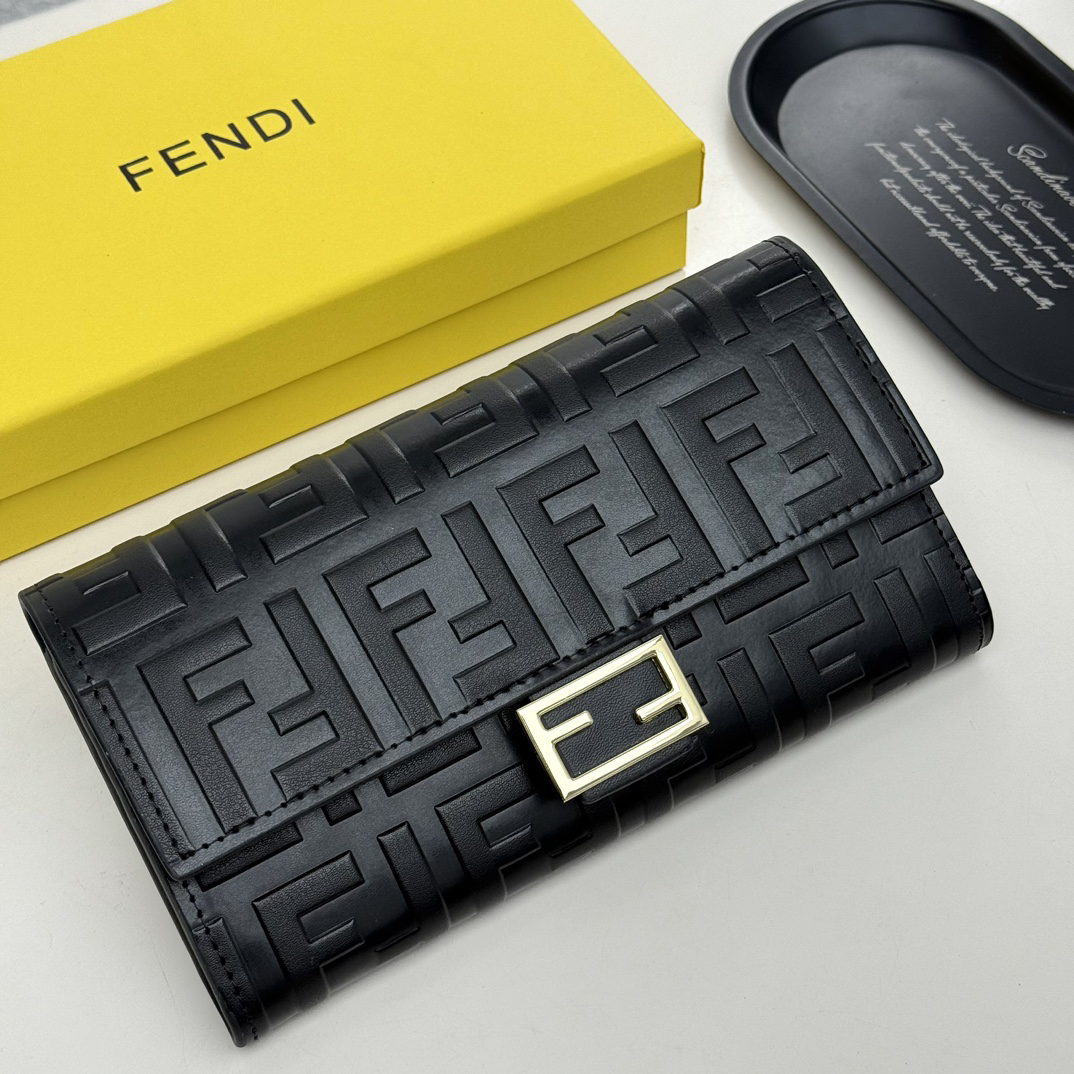 Fendi Black Embossed FF Leather Gold FF Buckle Long Wallet - KAIROO