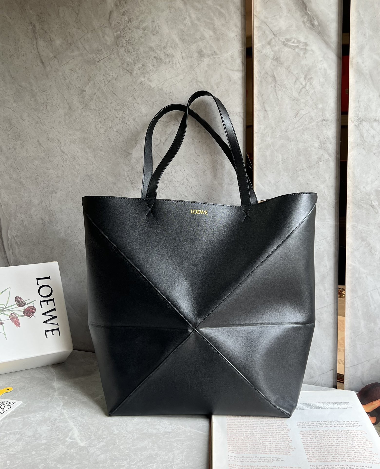 Loewe Black Medium Puzzle Geometric Fold Leather Tote Handle Shoulder Bag - KAIROO