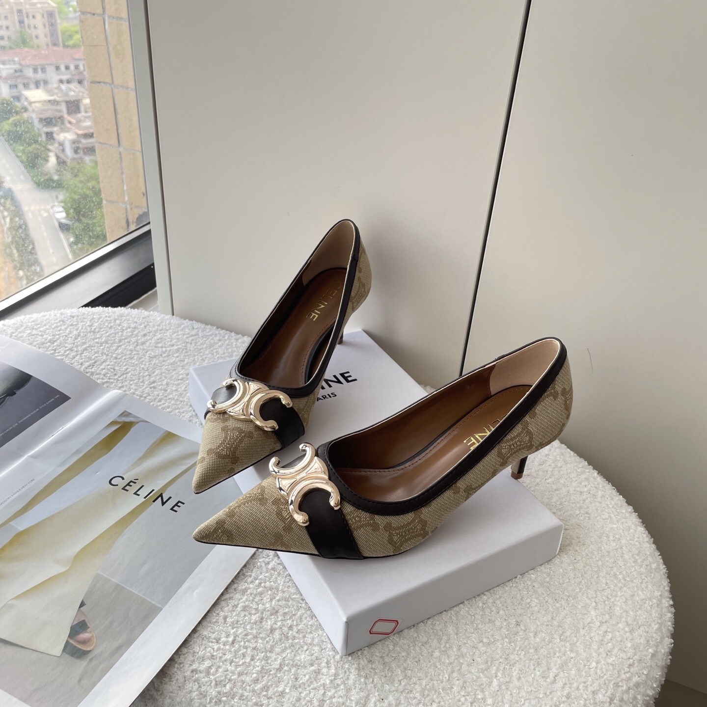 Celine Triomphe Monogram Canvas Gold Logo Leather Strap Pointed Toe Stiletto Pumps Heels - KAIROO