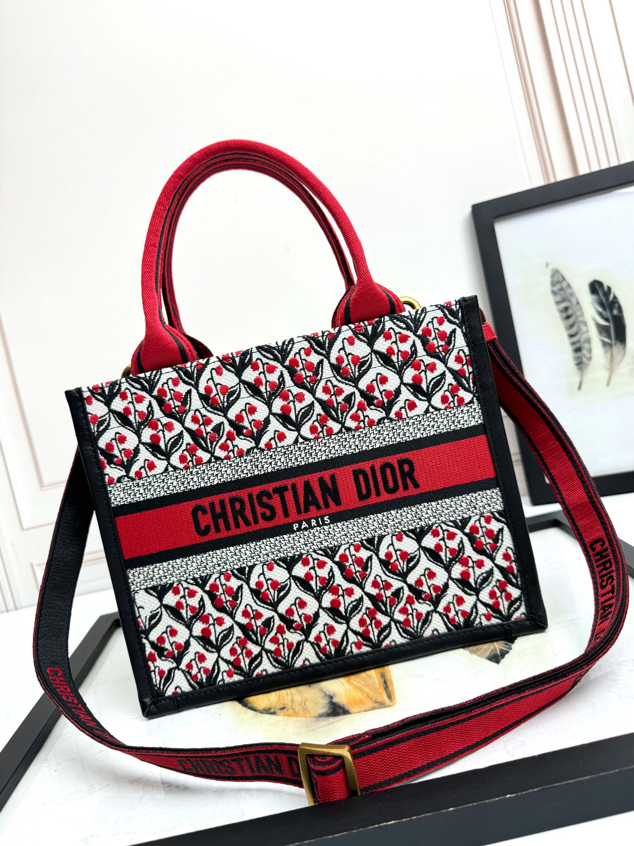 Dior Embroidered Canvas Small  Book Tote with shoulder strap