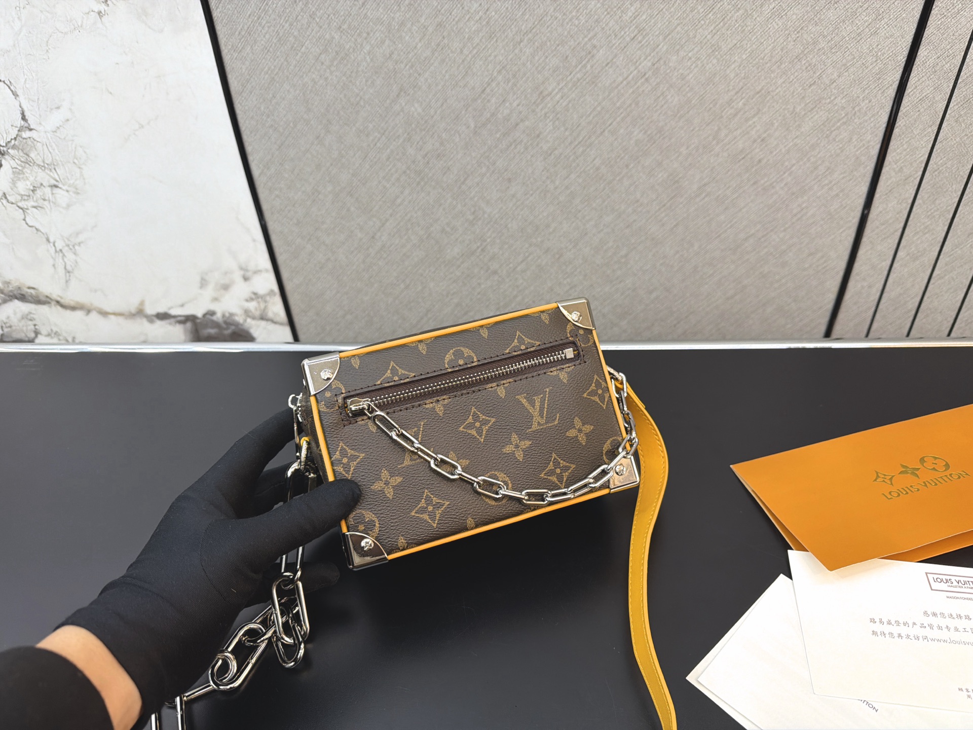 Louis Vuitton LV Mini Soft Trunk Monogram Canvas Yellow Trim Silver Metal Thick Link Chain Shoulder Bag - KAIROO