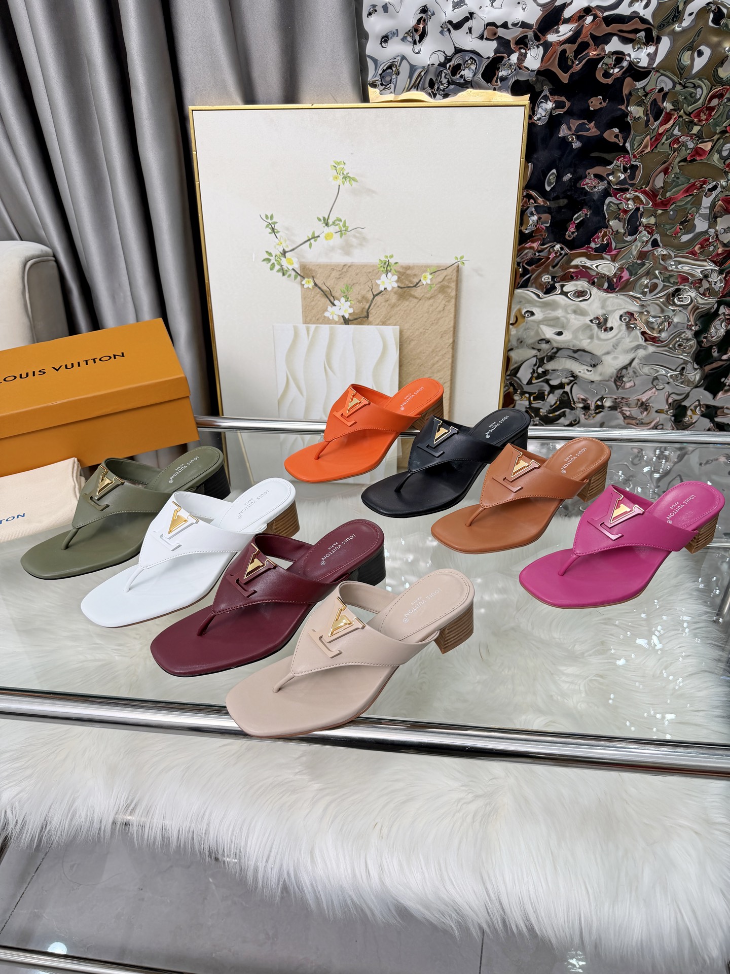 Louis Vuitton Smooth Calfskin Leather Gold LV Hardware Logo Wood Chunky Heeled Thong Sandals - KAIROO
