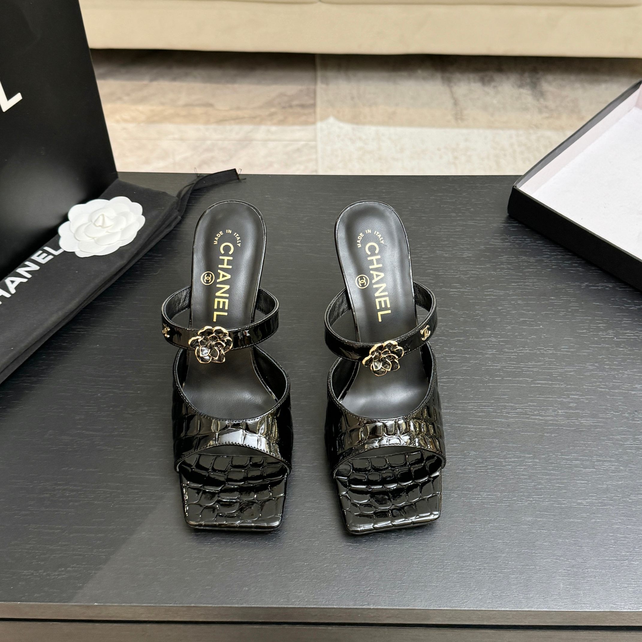 Chanel 26K Black Camellia Buckle Croc-Embossed Leather Square Toe Sandals Mules Heels - KAIROO
