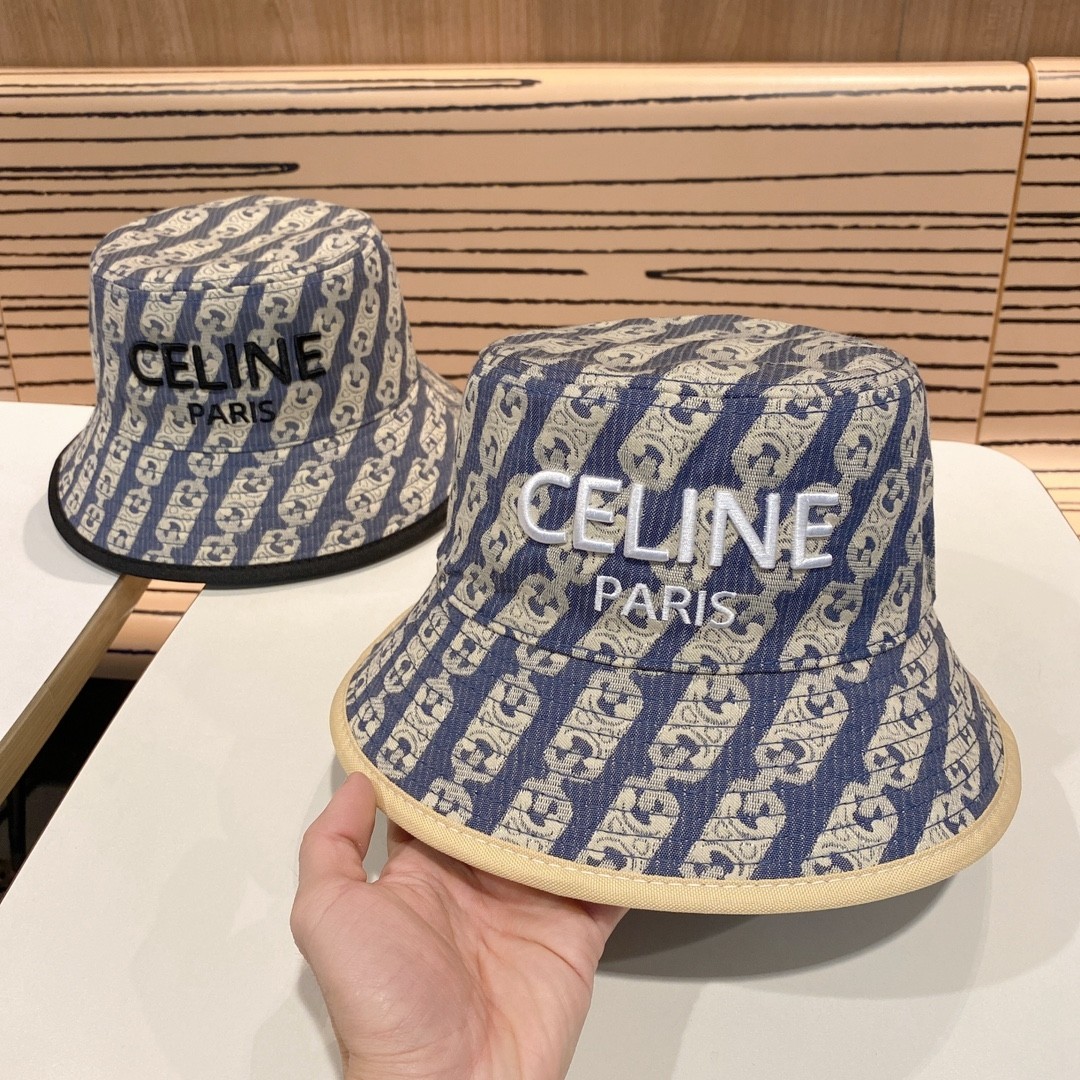 Celine Triomphe Monogram Denim Jacquard Fabric Embroidered Logo Color-Block Edge Bucket Hat - KAIROO