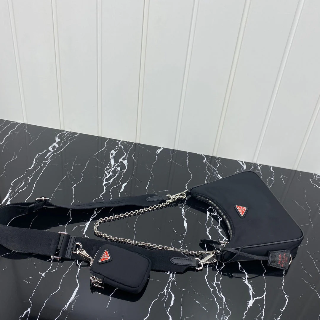 Prada HOBO 22 BAG IN BLACK RE-NYLON WITH RED LOGO