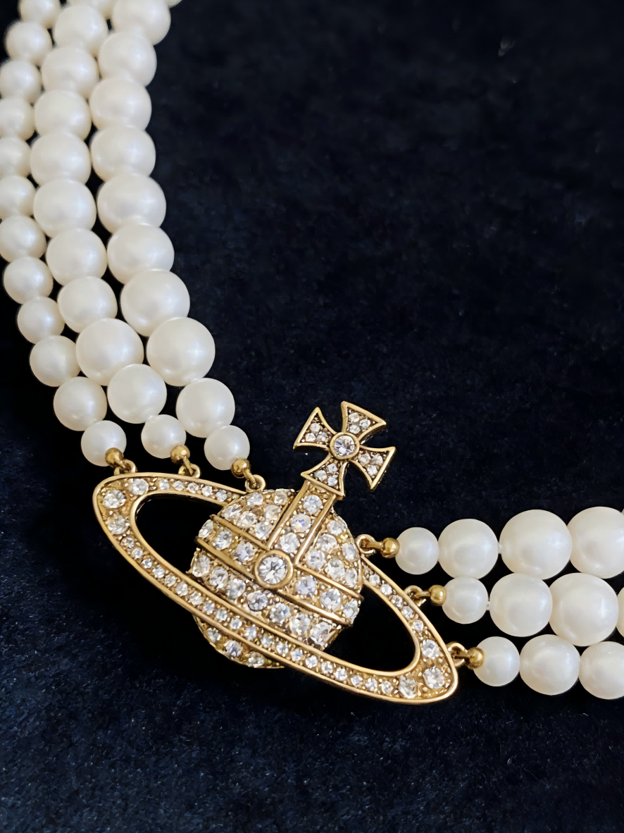 Luxury Pearl Layered Necklace with Rhinestone Orb Pendant | Elegant Gold Choker for Women