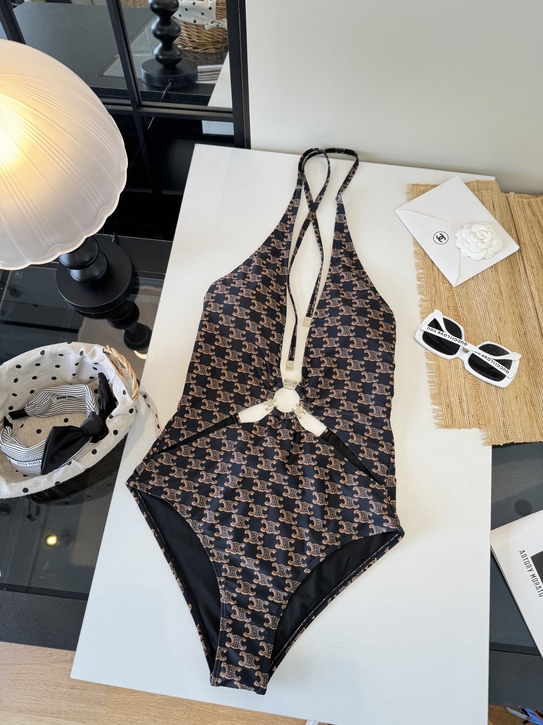 Celine Triomphe Monogram Deep V-Neck Halter Cut-Out Swimsuit with Metallic Ring - KAIROO