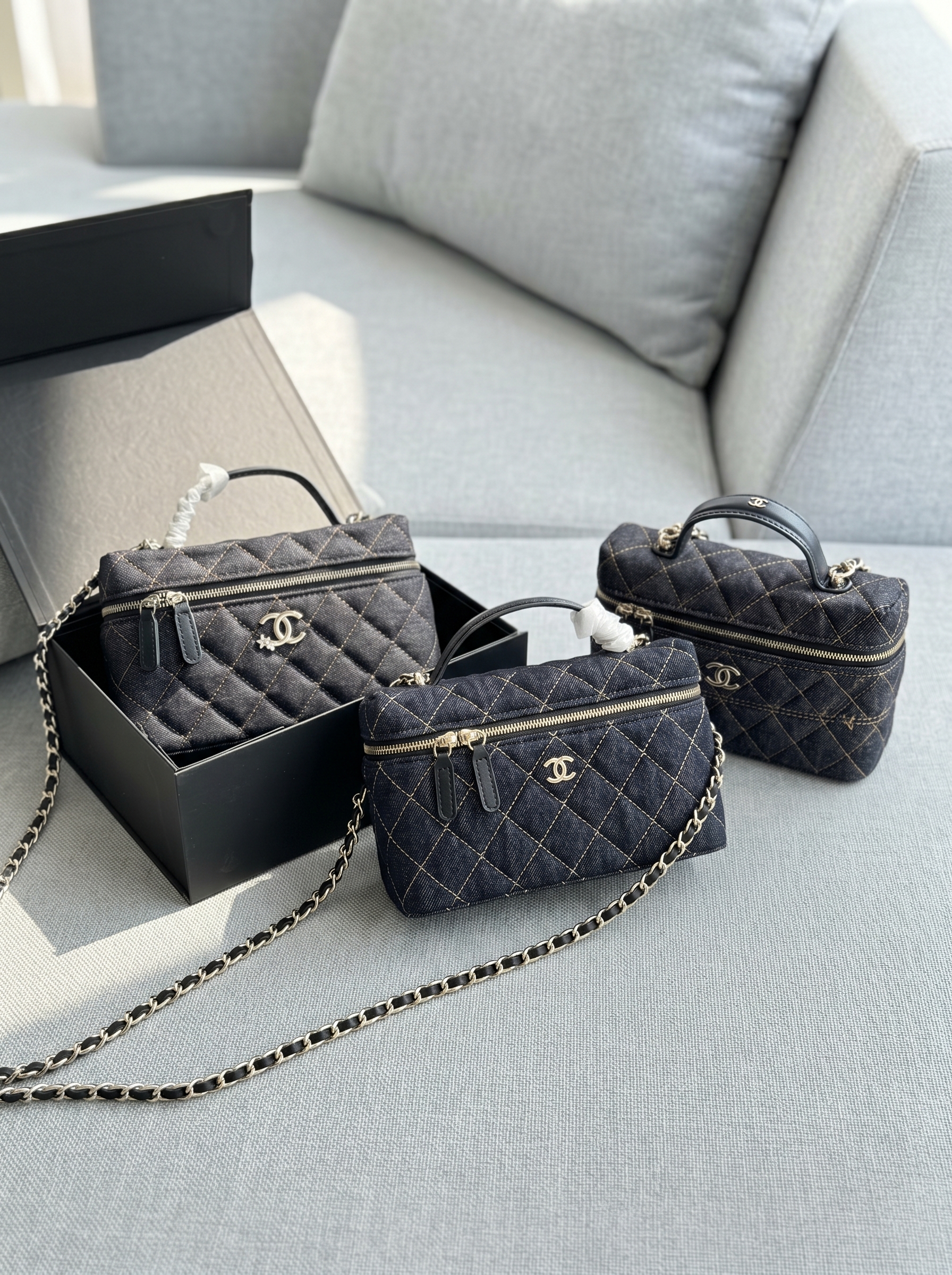 Chanel Quilted Dark Denim Slim Vanity Case Star & Classic CC Logo Top Handle Crossbody Bag - KAIROO