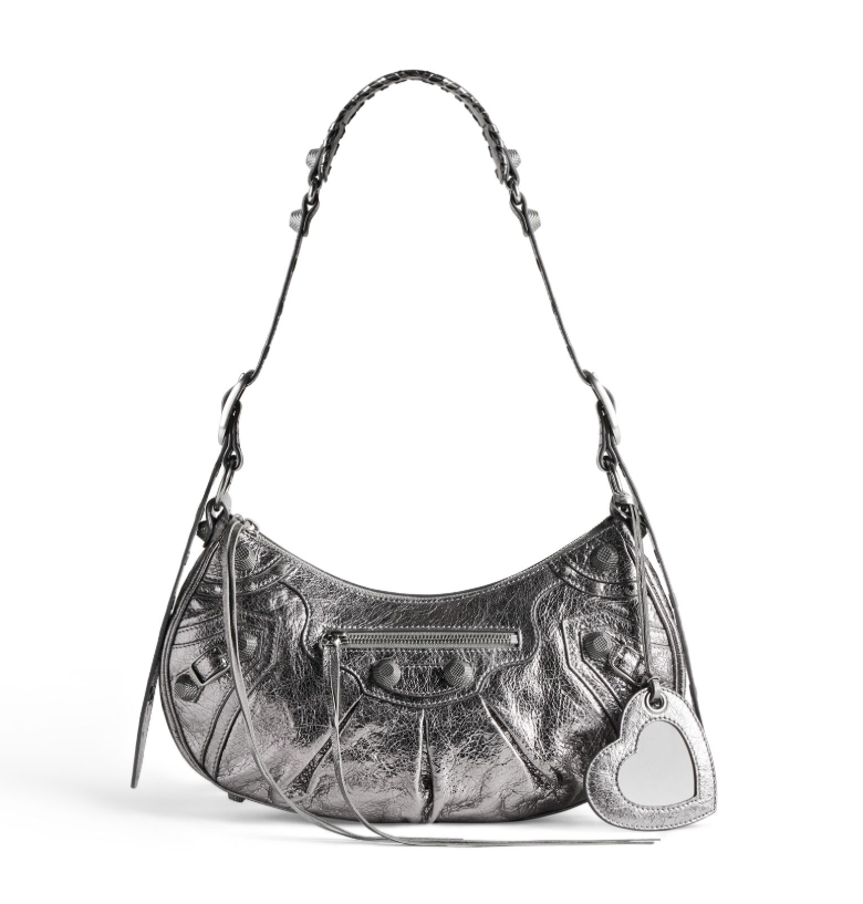 𝐁alenciaga Le Cagole Shoulder Bag Small in silver metallized Leather
