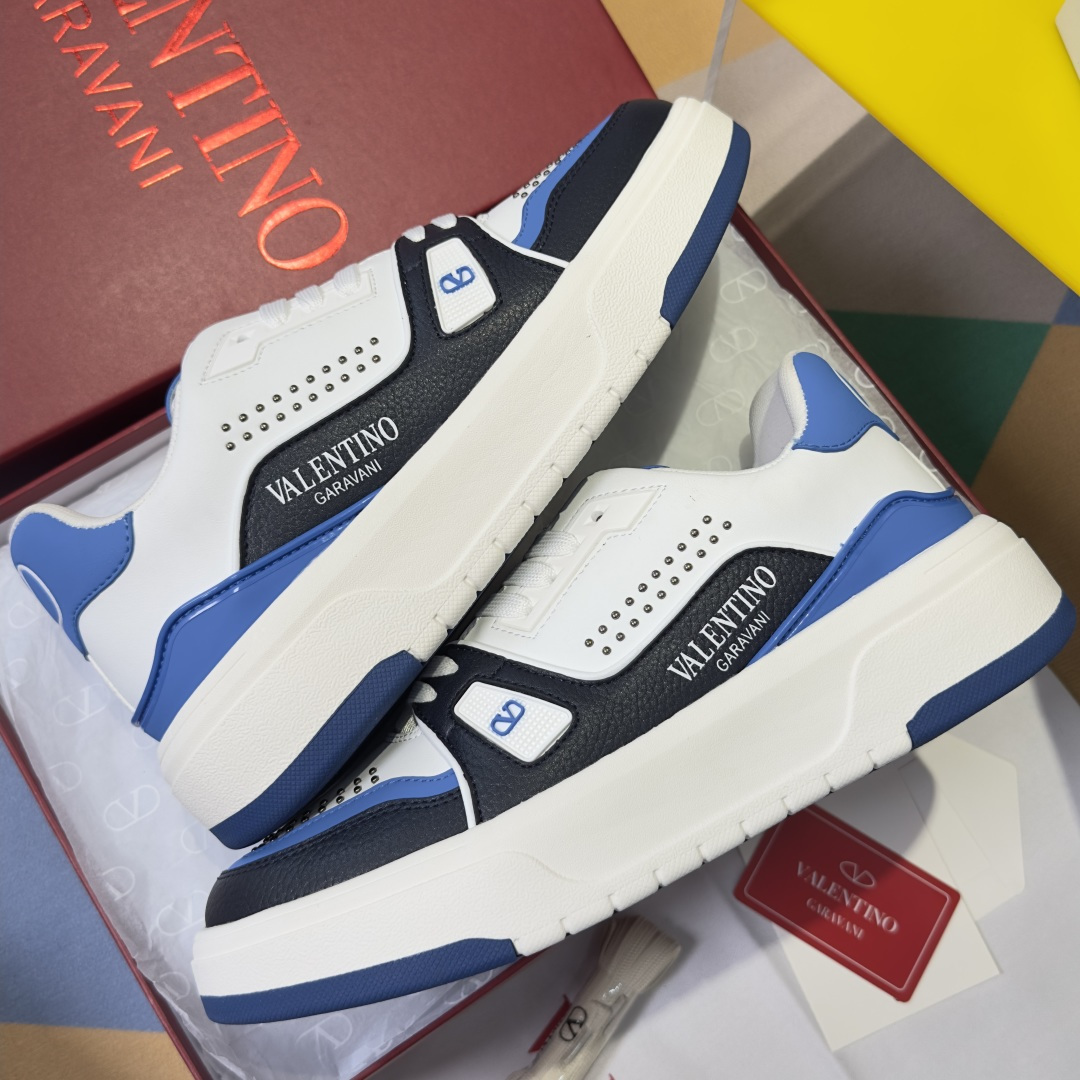 Valentino MS-2960 White Royal Blue Panelled Leather Micro Studded Chunky Low-top Platform Sneakers - KAIROO