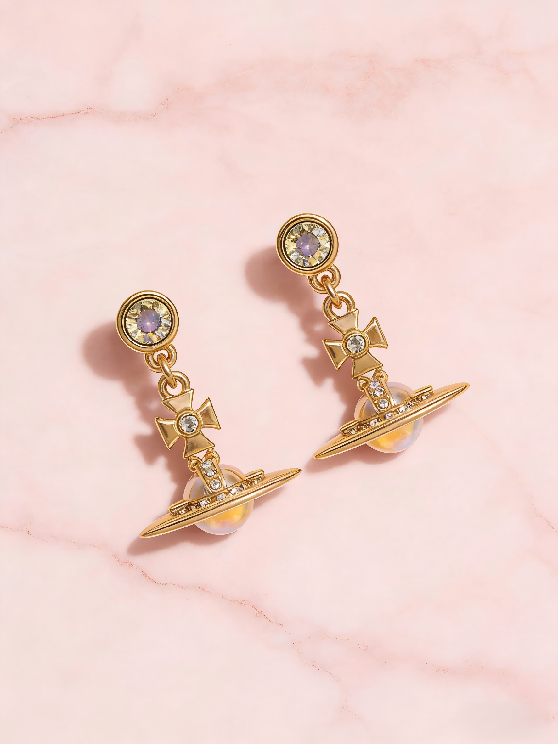 2026 New Gold-Tone Iridescent Pearl Orb Drop Earrings, Dainty Saturn Design, Vintage Y2K Jewelry for Daily Wear