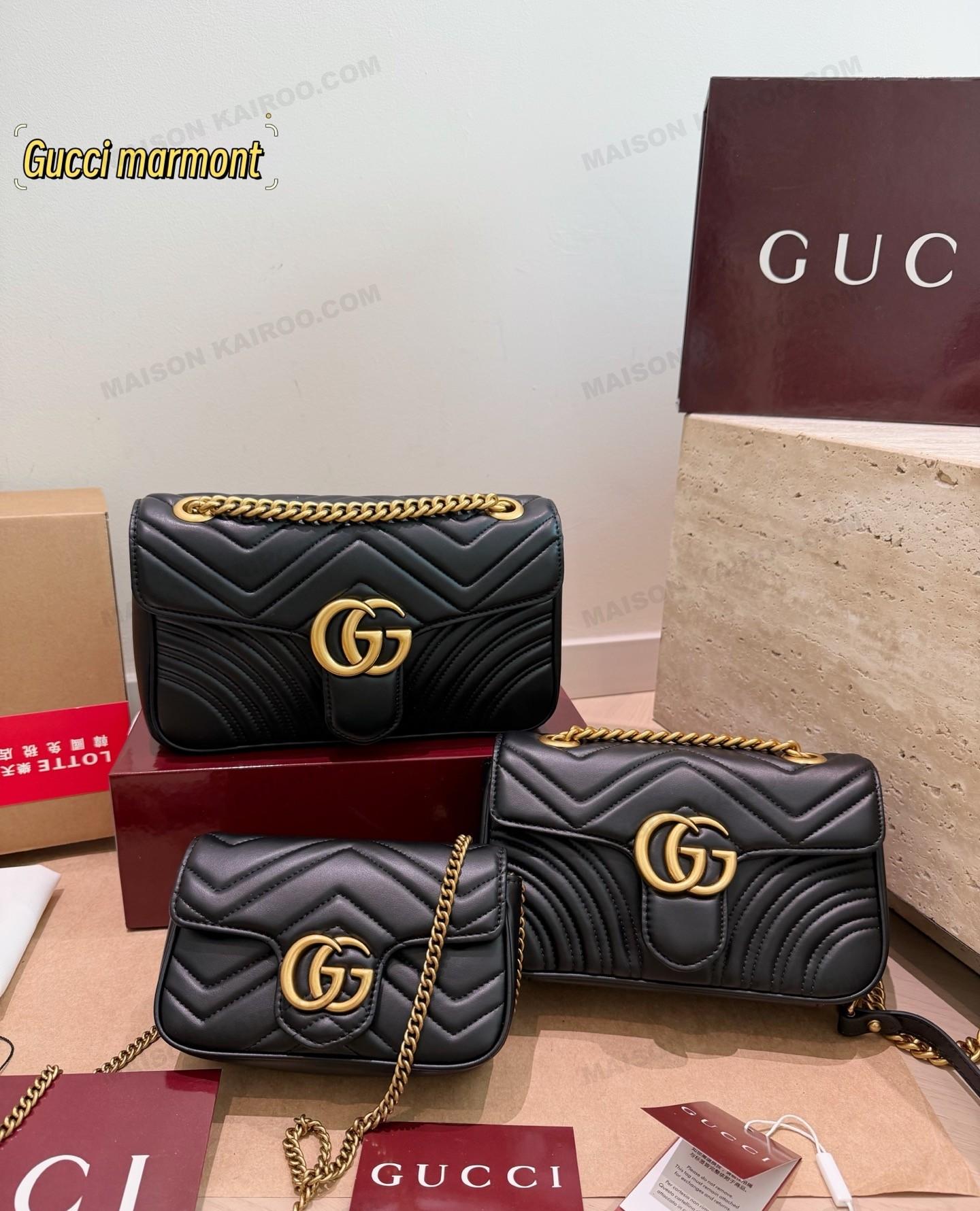 Gucci GG Marmont Matelasse Quilt Stitch XXS/XS/S Black Chevron Leather Flap Chain Shoulder Bag - KAIROO