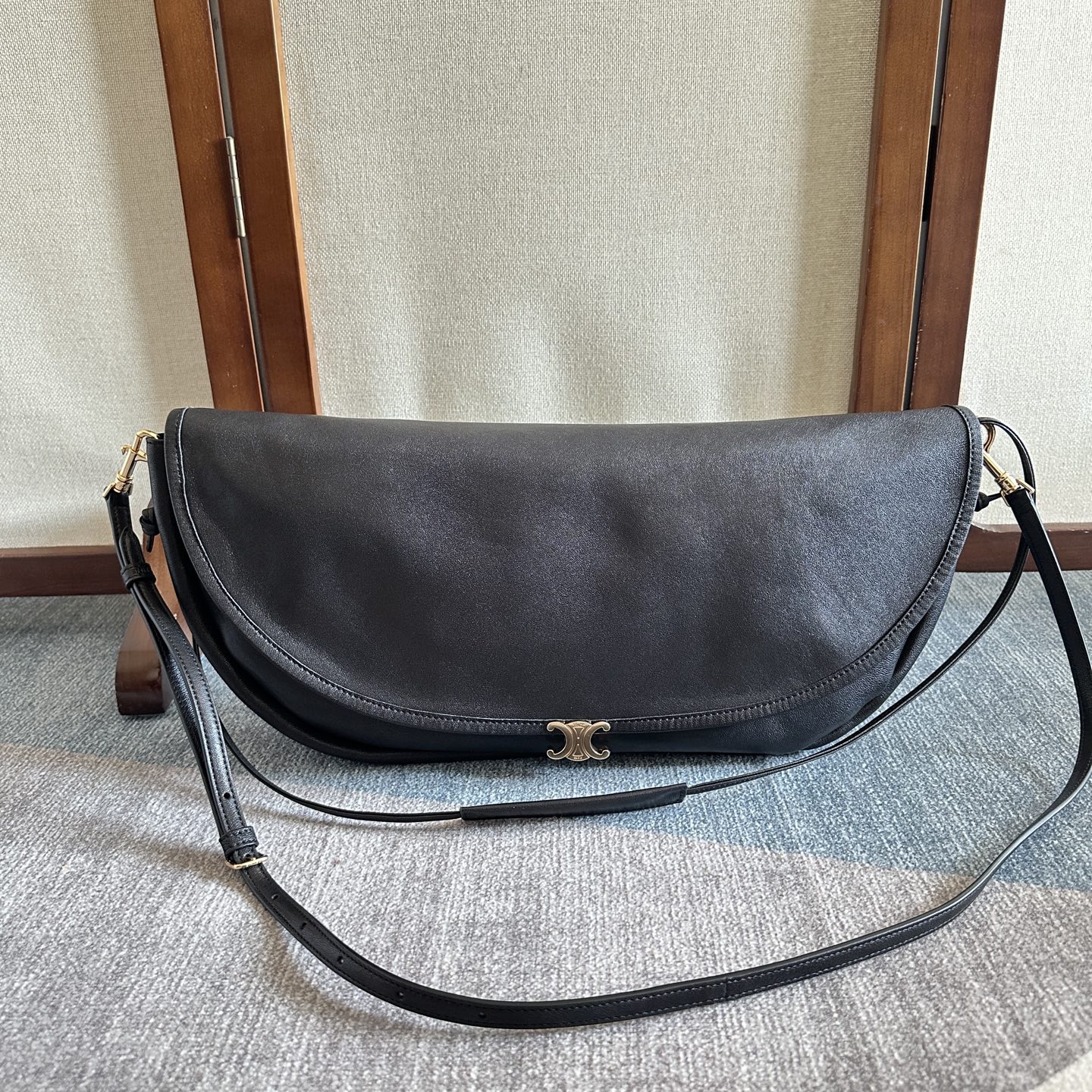 Celine Large Halfmoon Soft Triomphe Bag in Supple Lambskin-Black