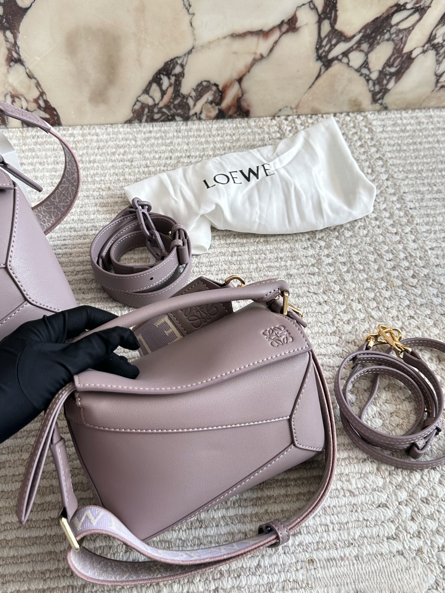 Loewe Puzzle 18/24 Ash Grey Smooth Calfskin Leather Monogram Webbing Strap Handle Shoulder Bag - KAIROO