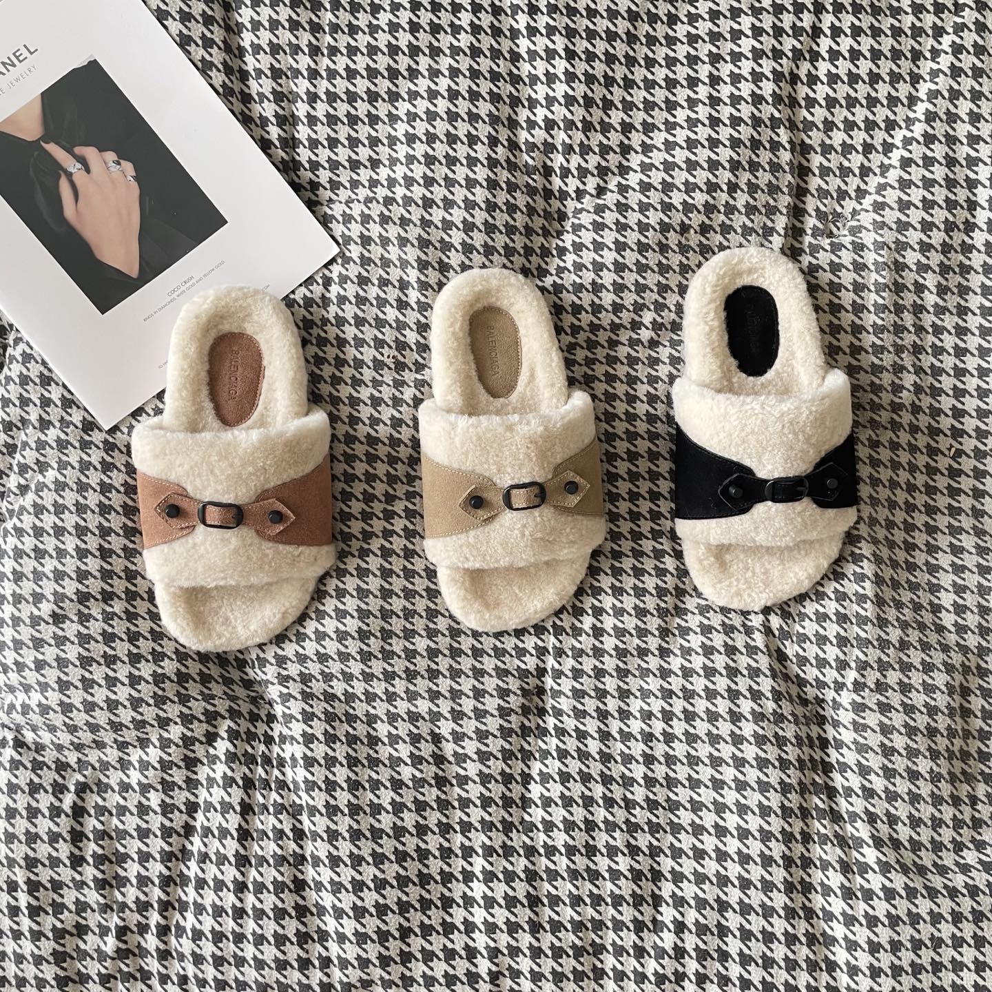 Balenciaga Cagole Open Toe Studded Buckle Soft Faux Shearling Fur Sandals - KAIROO