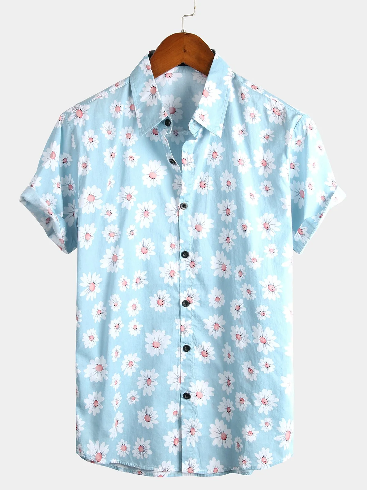 Men's Hawaiian Daisy Floral Print Cotton Short Sleeve Shirt