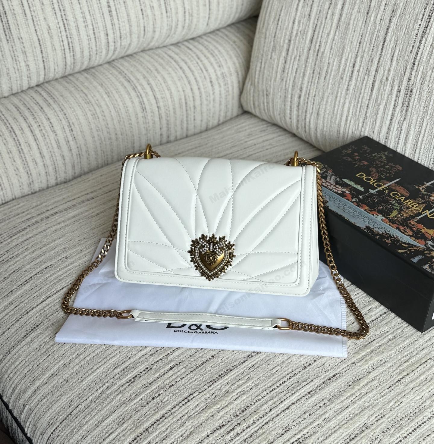 Dolce & Gabbana DG Devotion Large Quilted Nappa Leather Bejeweled Heart Flap Chain Shoulder Bag - KAIROO