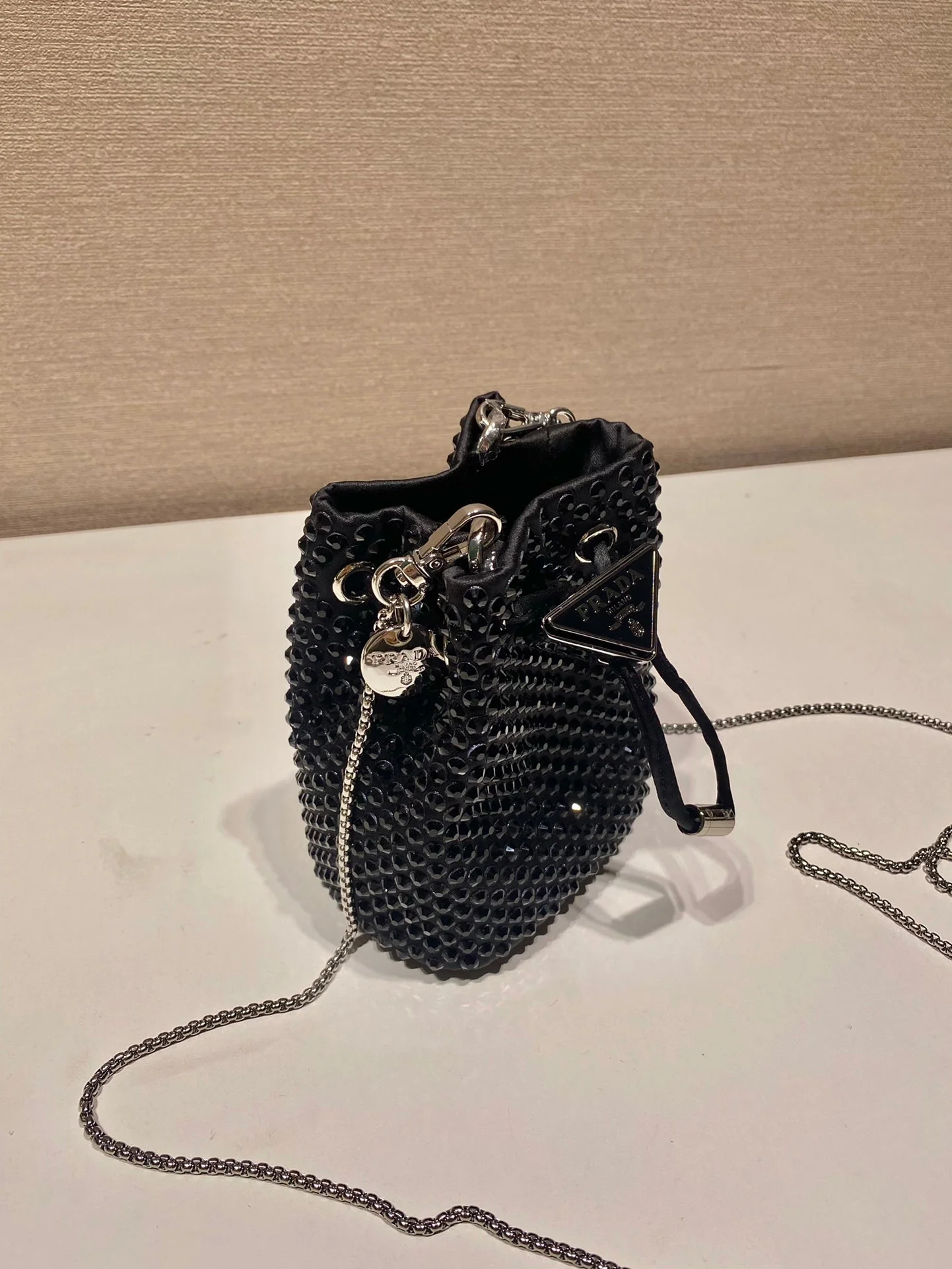 Prada MINI BUCKET BAG 12 IN BLACK NYLON FABRIC EMBELLISHED FULL CRYSTALS