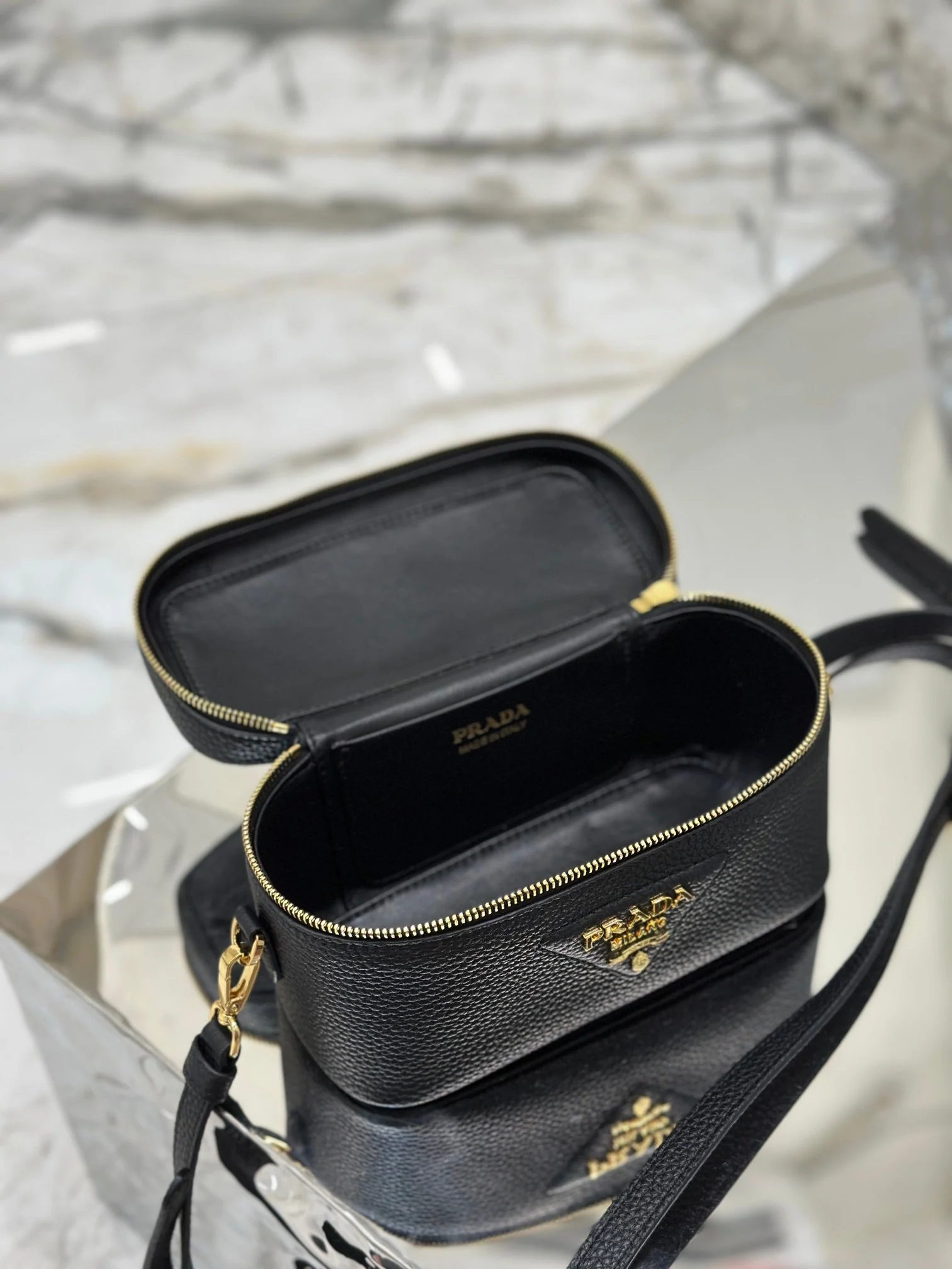 Prada VANITY CASE 18 IN BLACK GRAINED CALFSKIN GOLD HARDWARE