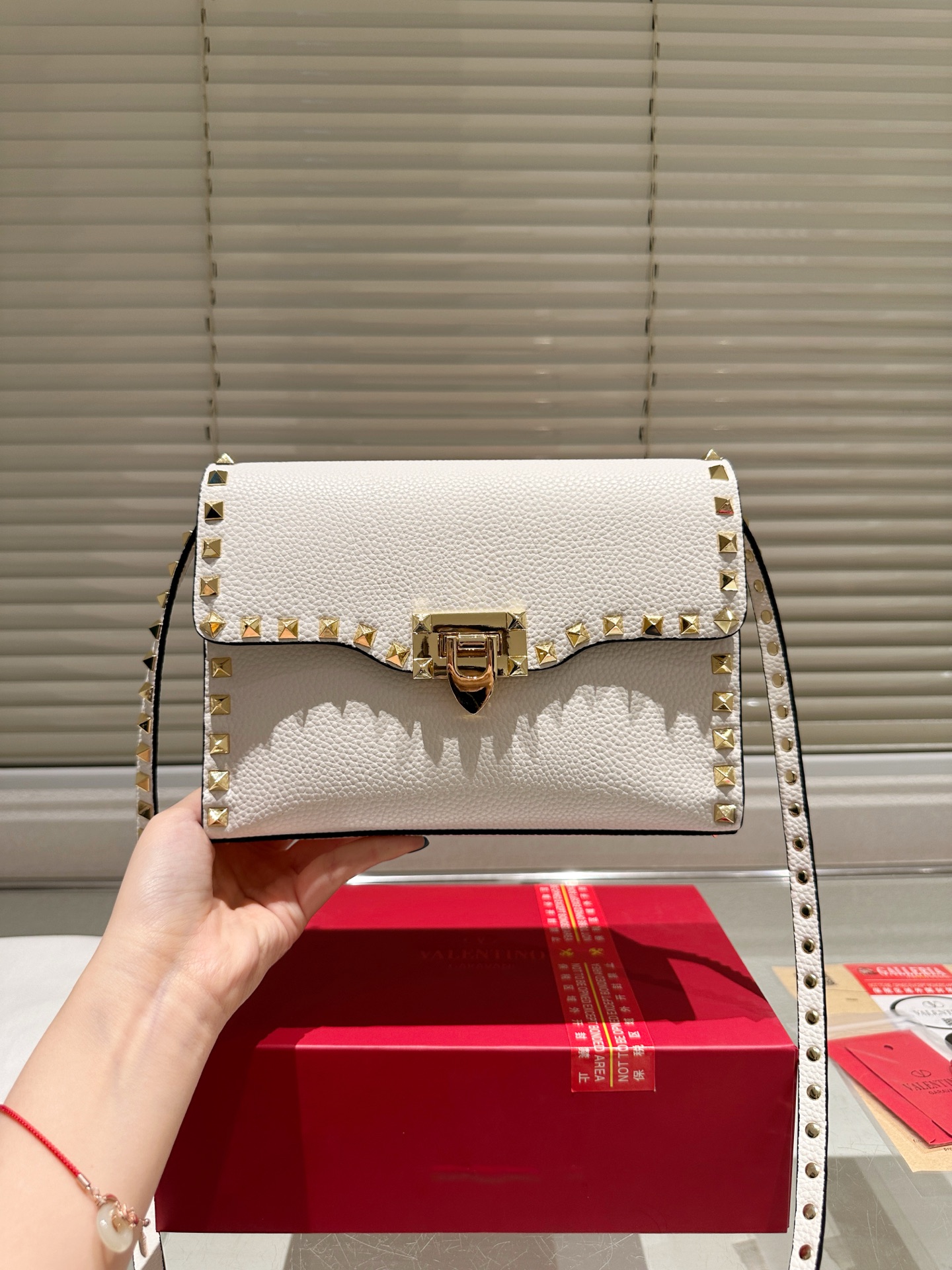 Valentino Grained Leather Gold-tone Rockstud Trim Studded Gold Flap Envelope Crossbody Bag - KAIROO