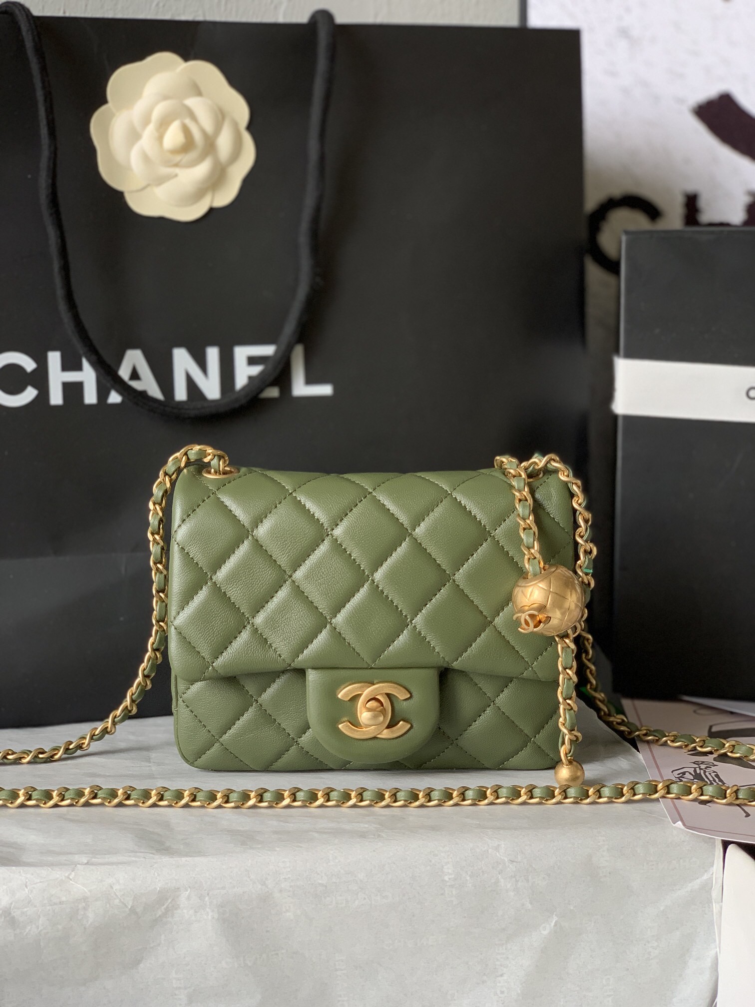 Chanel Mini Square CF 17CM Gold Ball Pearl Crush Quilted Leather Flap Chain Shoulder Bag - KAIROO