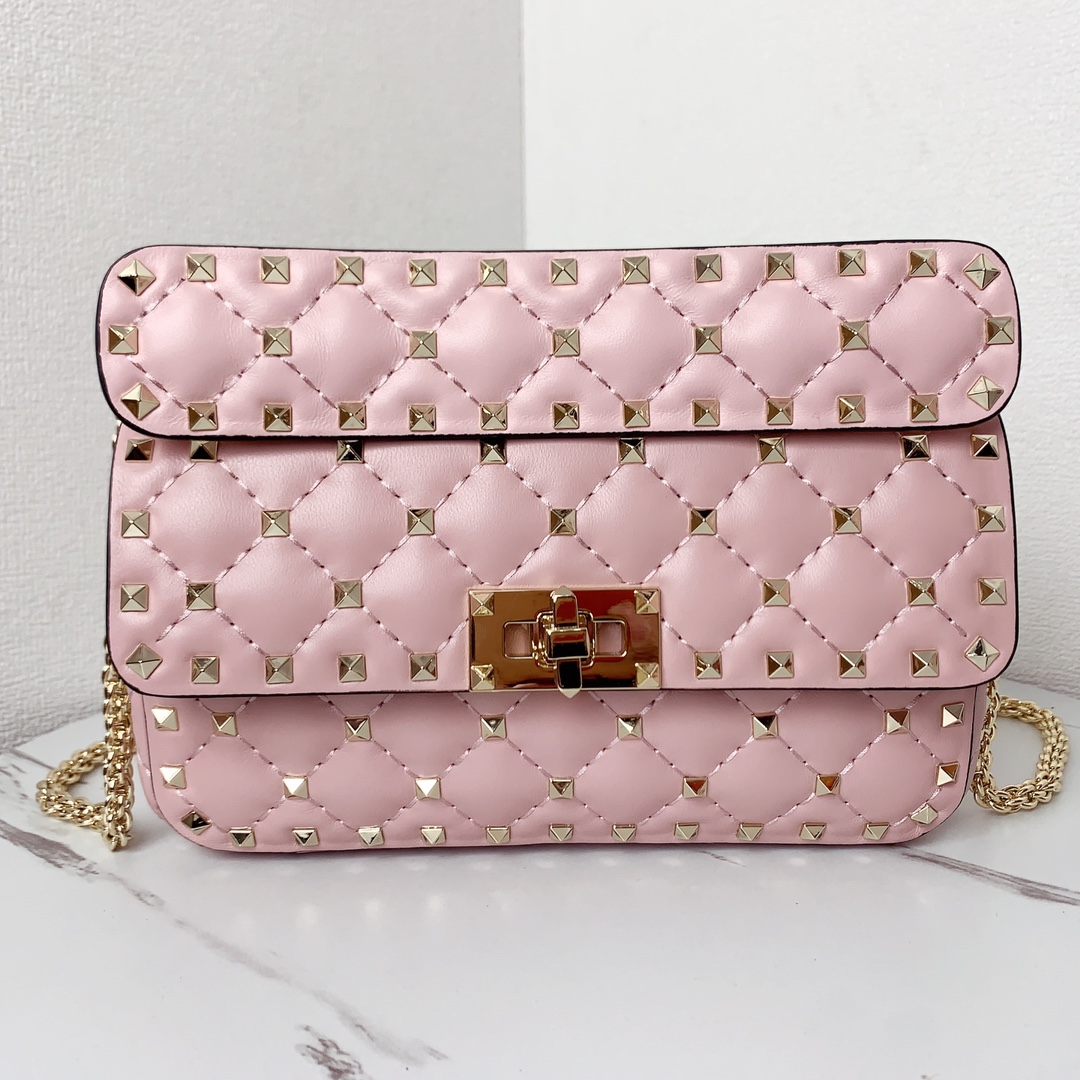 Valentino Classic Spike Medium Shoulder Bag in Lambskin-Pink