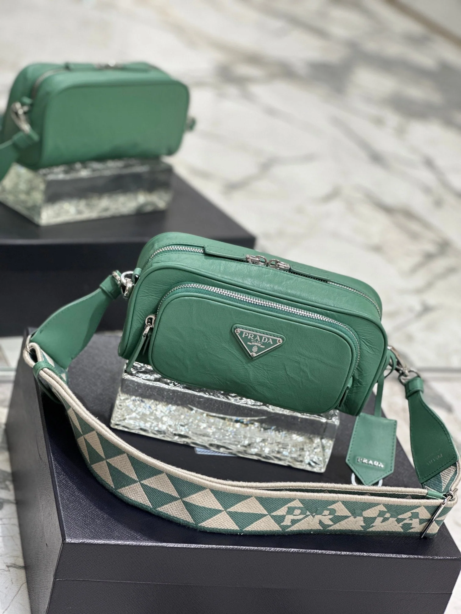 Prada CAMERA BAG 23 IN CASTLETON GREEN WRINKLED LAMBSKIN