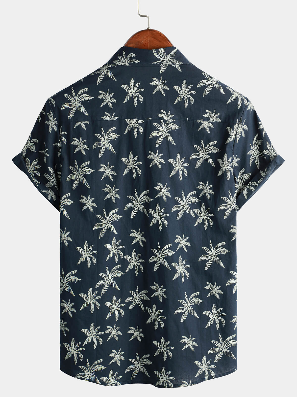 Men's Navy Palm Print Cotton Hawaiian Button-Up Short Sleeve Shirt