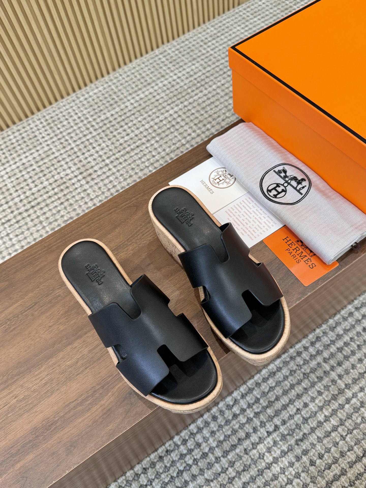 Hermès Black Smooth Leather H-Cutout Cork Sole Slide Sandal - KAIROO