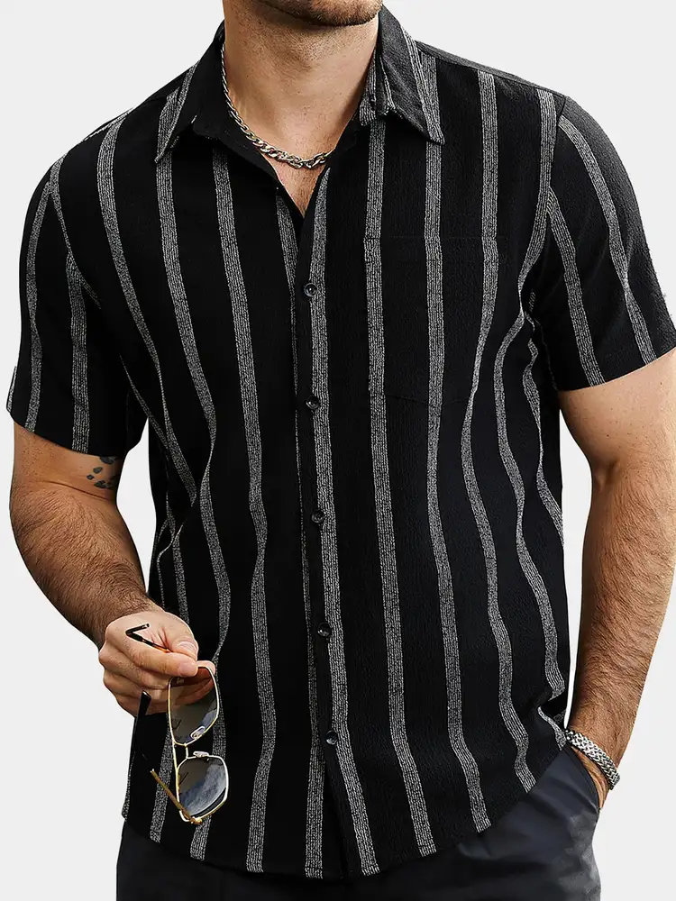 Men's Striped Hawaiian Pocket Button-Up Summer Beach Short Sleeve Shirt